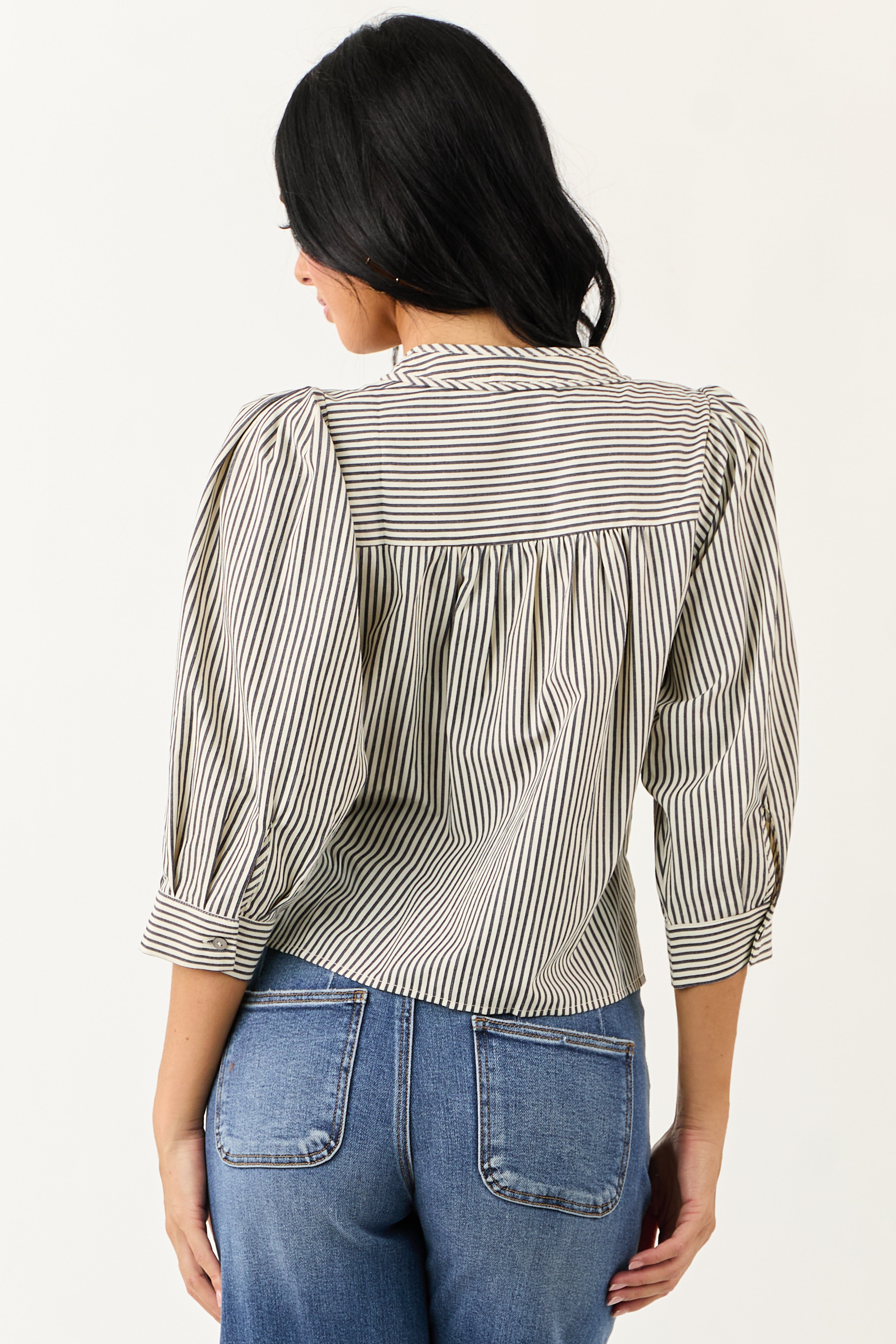 Off White Railroad Stripe V Neck Half Sleeve Top