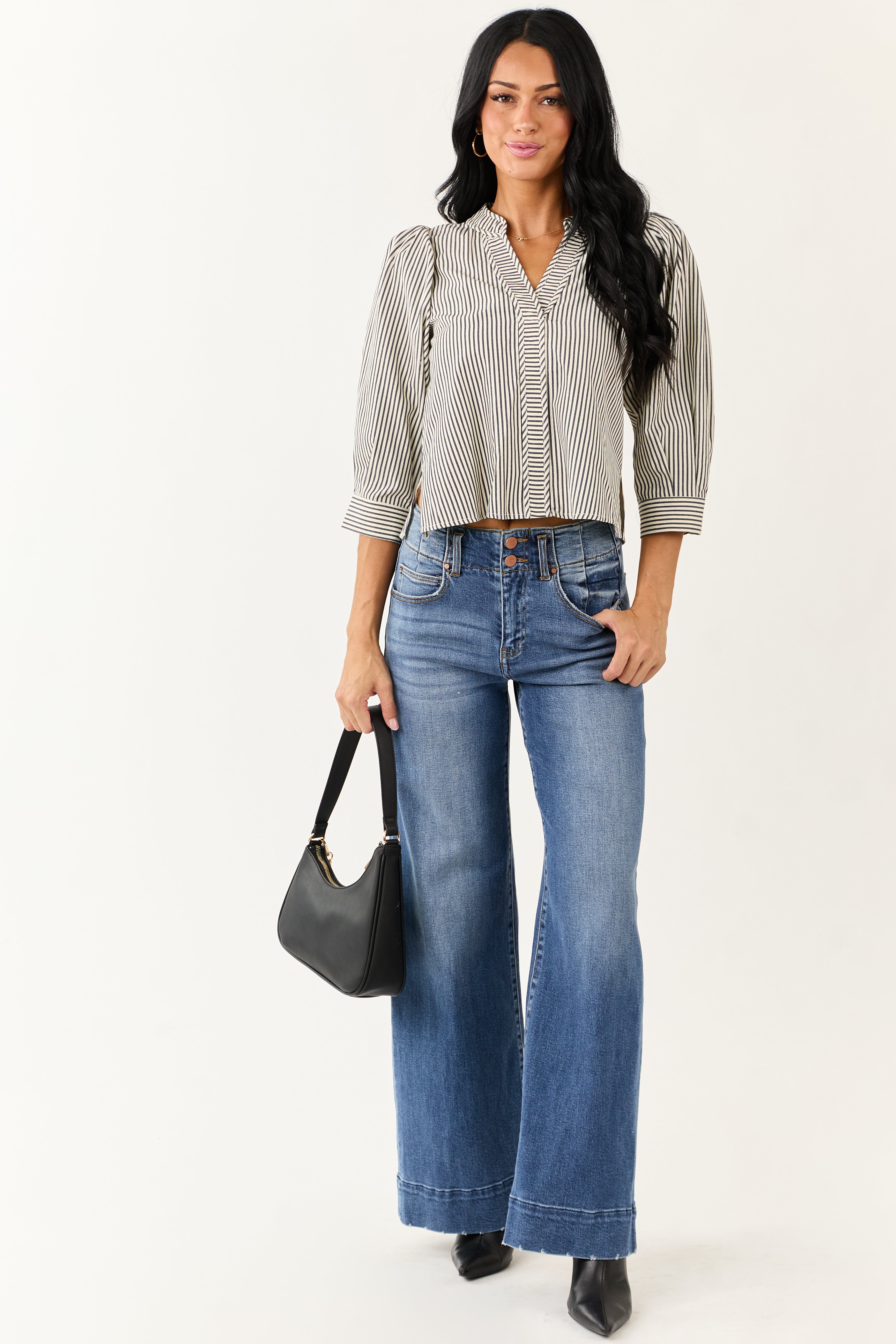 Off White Railroad Stripe V Neck Half Sleeve Top