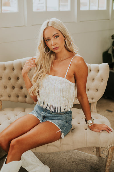 Off White Rhinestone Studded Fringe Cami Top
