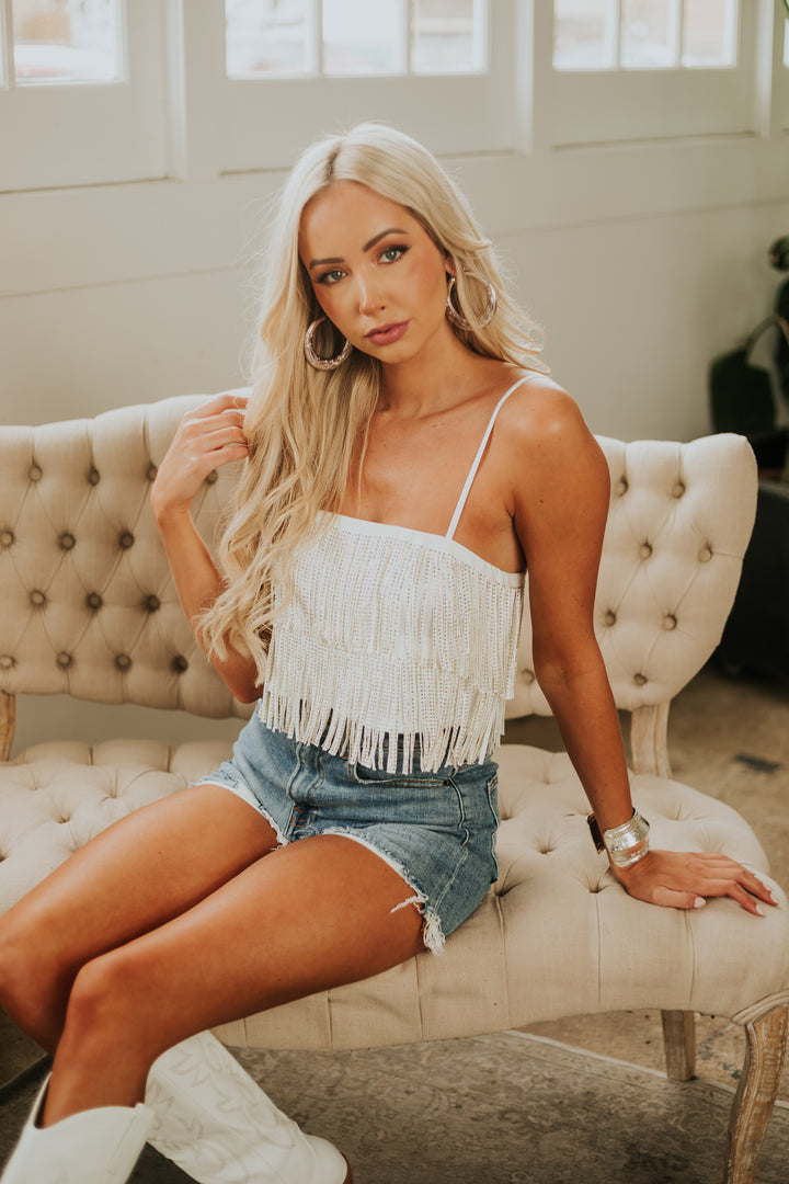 Off White Rhinestone Studded Fringe Cami Top