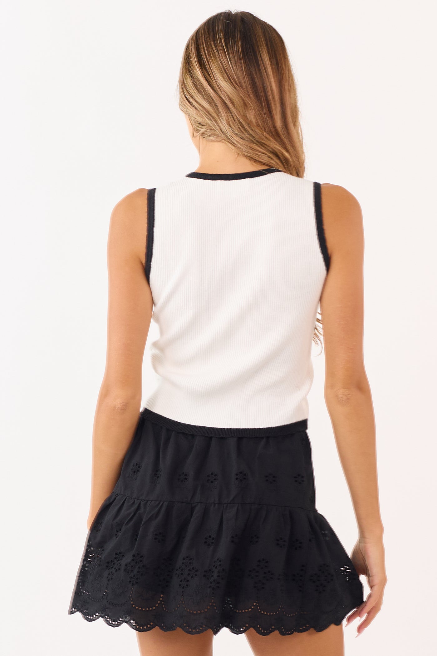 Off White Ribbed Knit Contrast Trim Tank Top