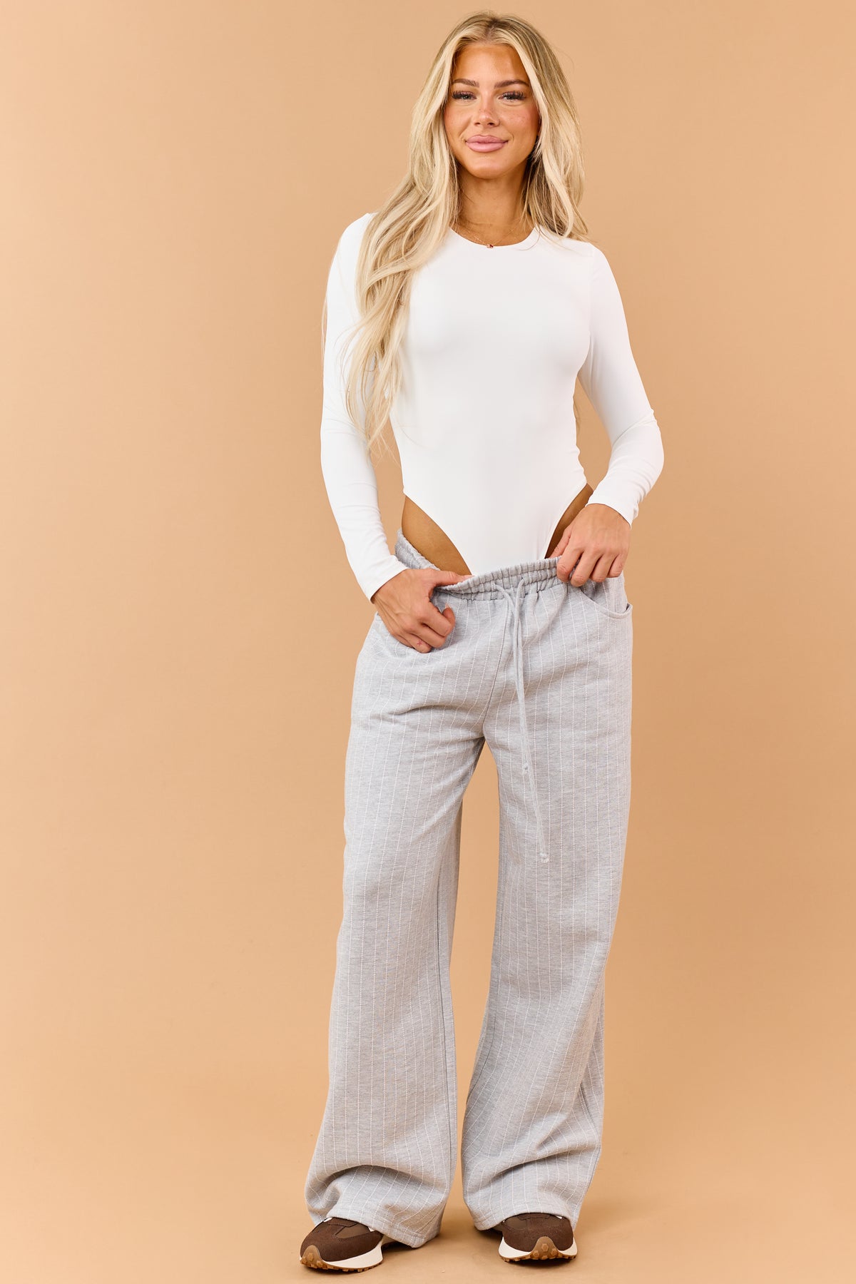 Off White Round Neck Long Sleeve Fitted Bodysuit