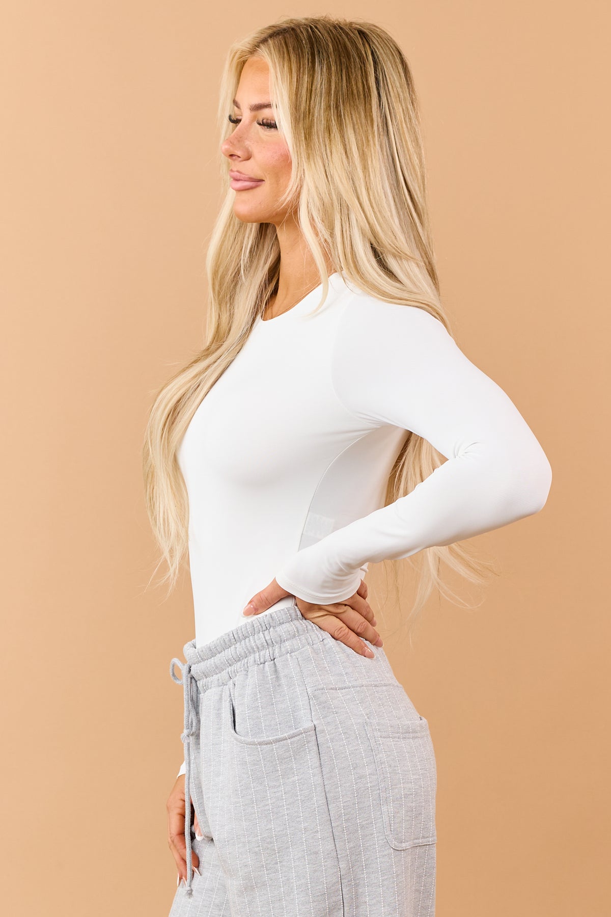 Off White Round Neck Long Sleeve Fitted Bodysuit