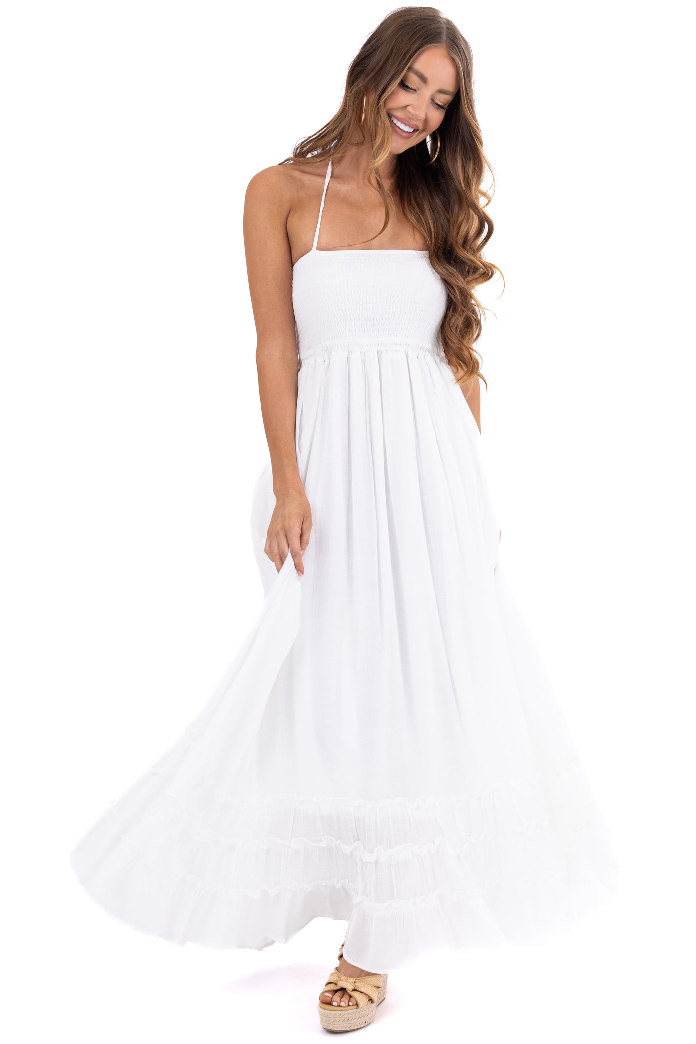 Off White Ruffle Bottom Sleeveless Maxi Dress