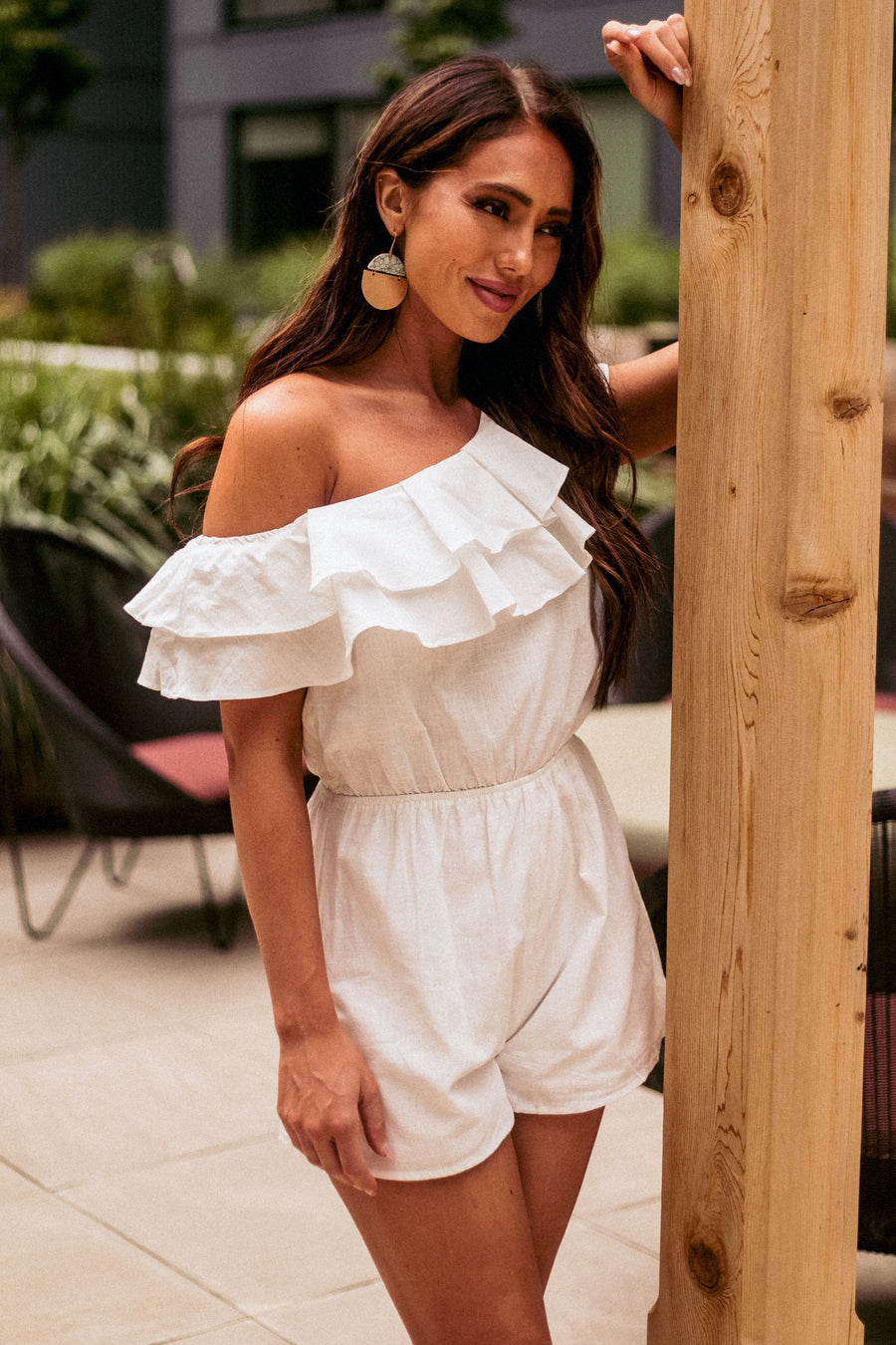 Off White Ruffled One Shoulder Woven Romper