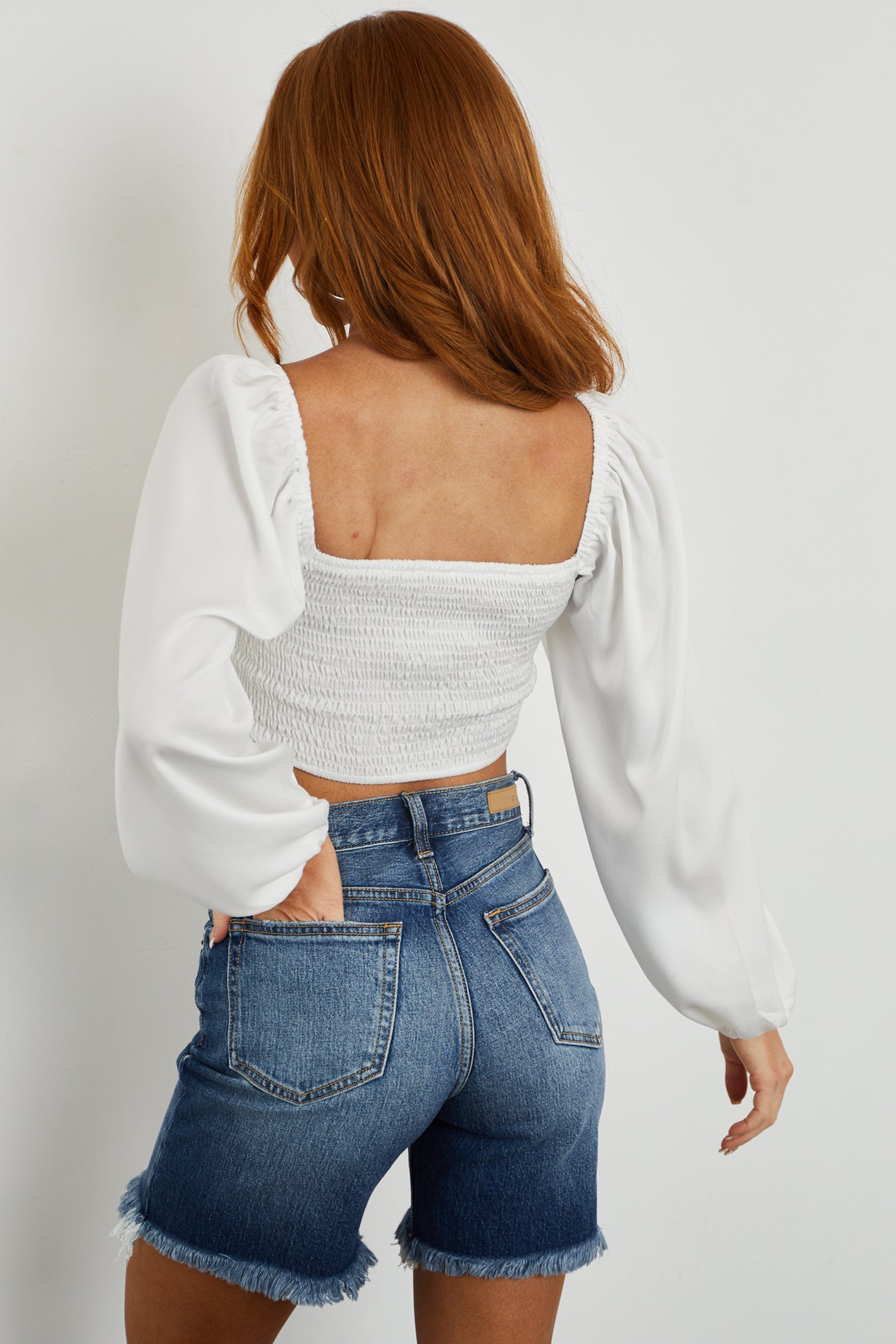 Off White Satin Bubble Sleeve Smocked Crop Top