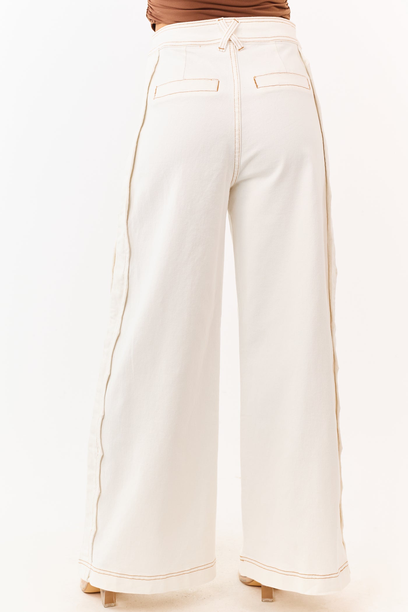 Off White Scalloped Side Seam Stretchy Wide Leg Jeans