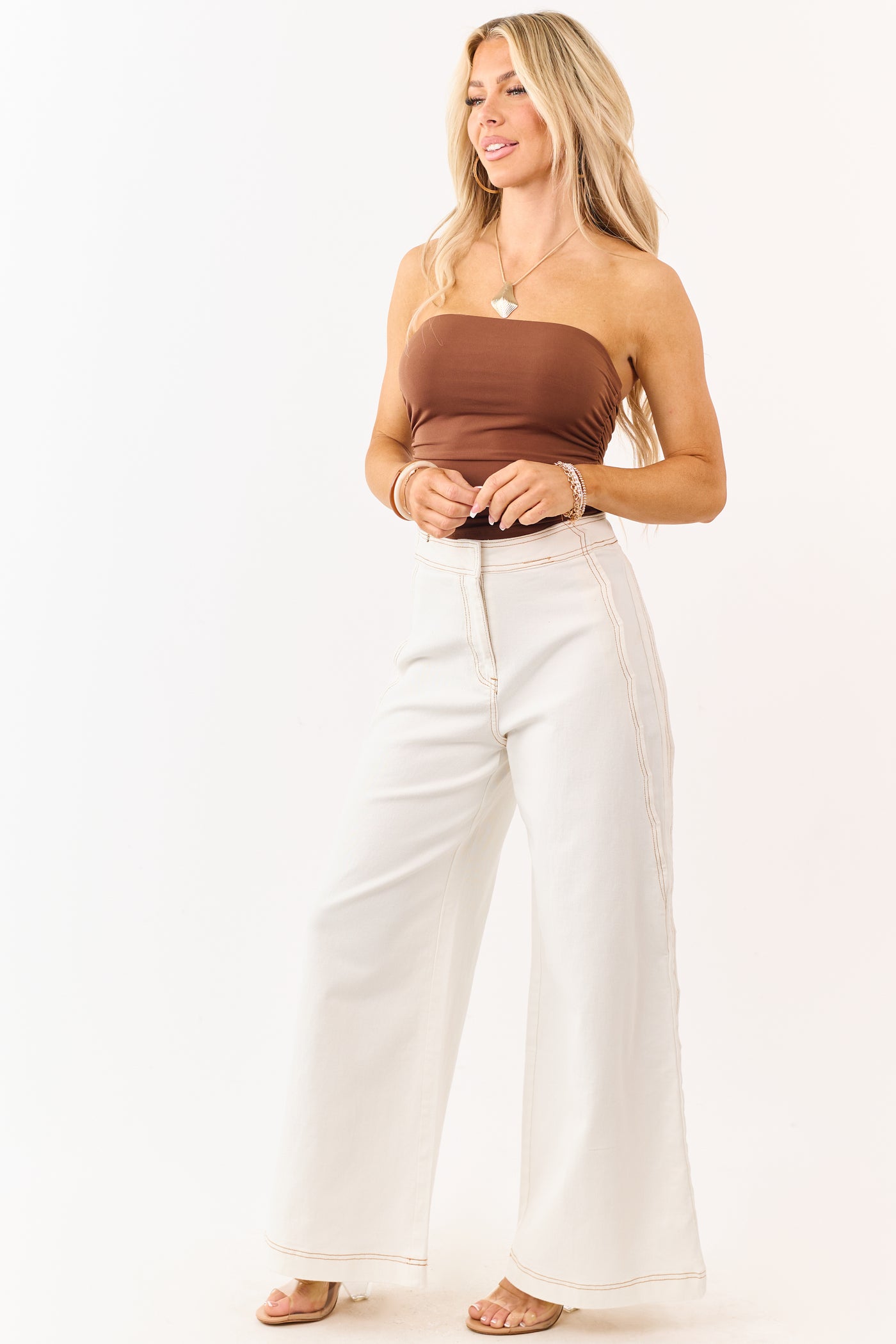Off White Scalloped Side Seam Stretchy Wide Leg Jeans