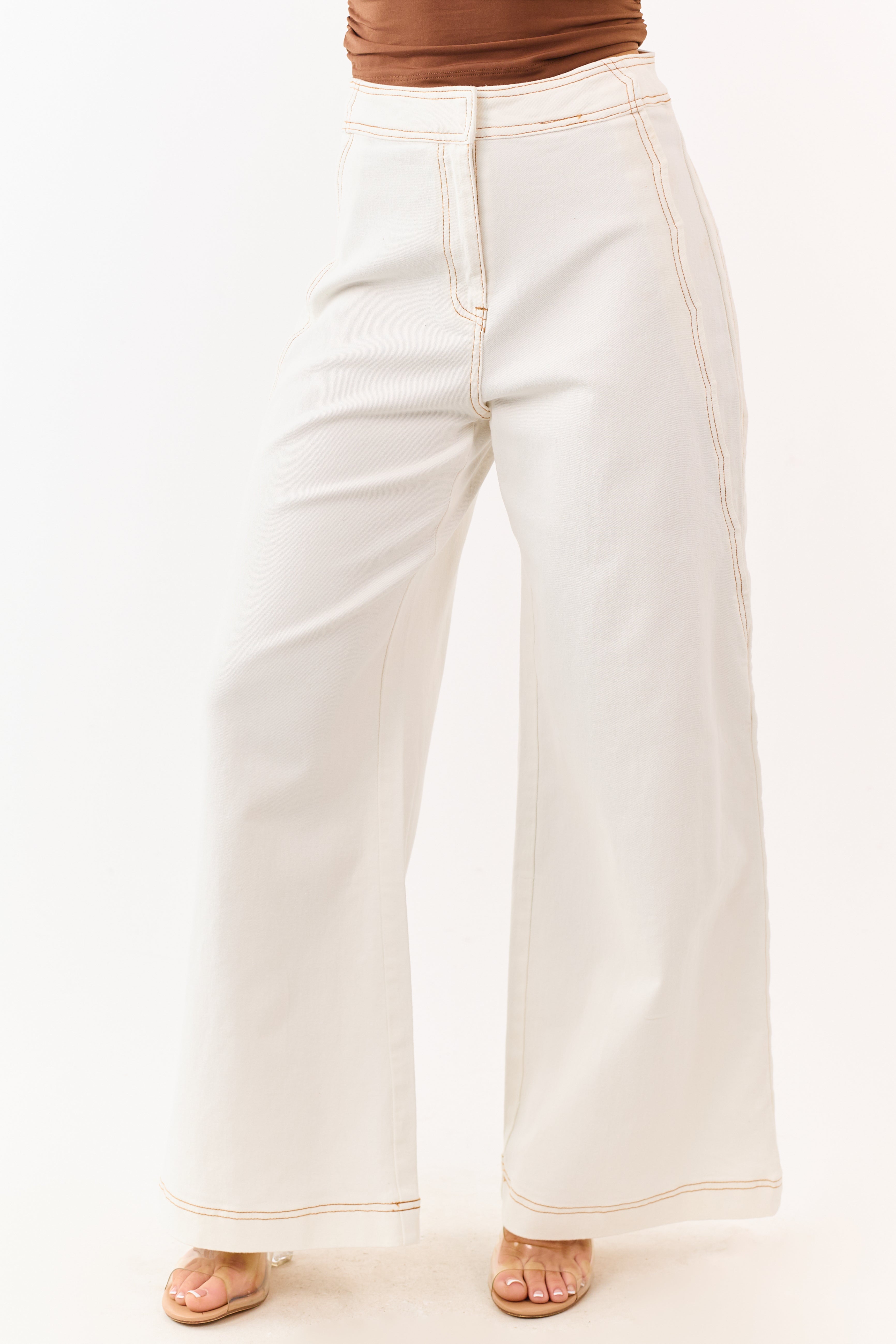 Off White Scalloped Side Seam Stretchy Wide Leg Jeans | Lime Lush