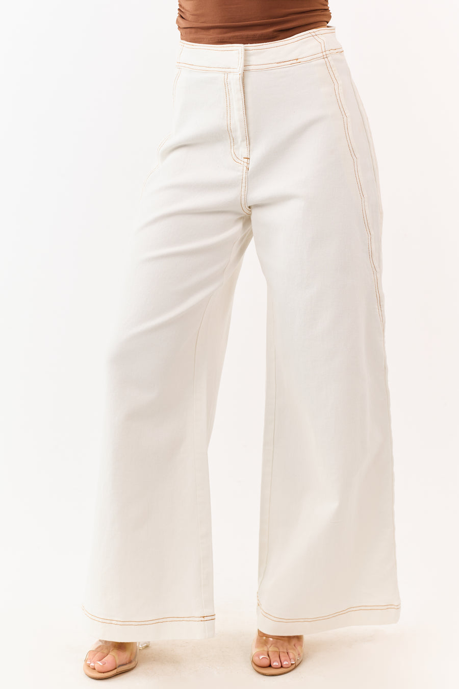 Off White Scalloped Side Seam Stretchy Wide Leg Jeans