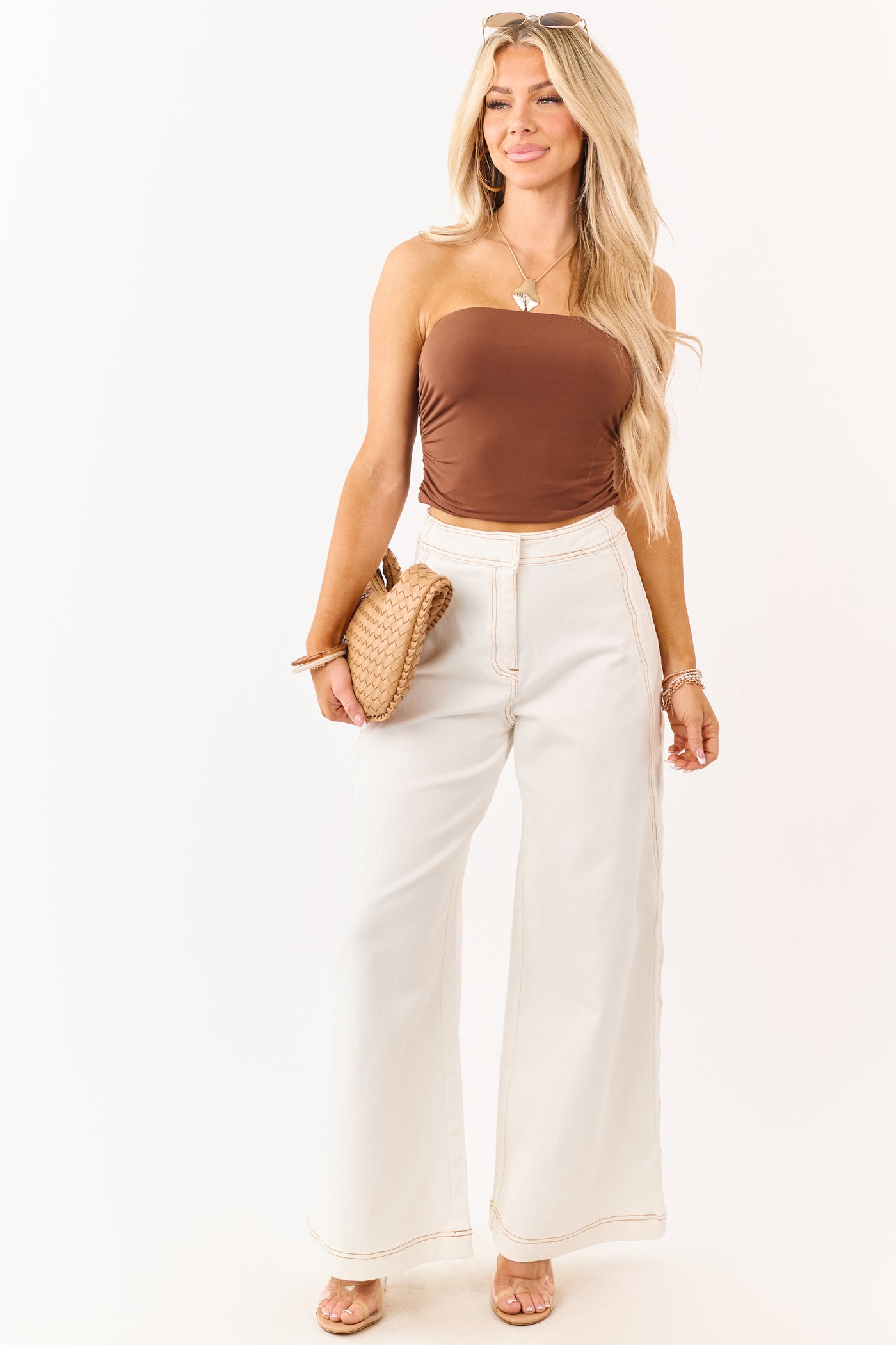 Off White Scalloped Side Seam Stretchy Wide Leg Jeans