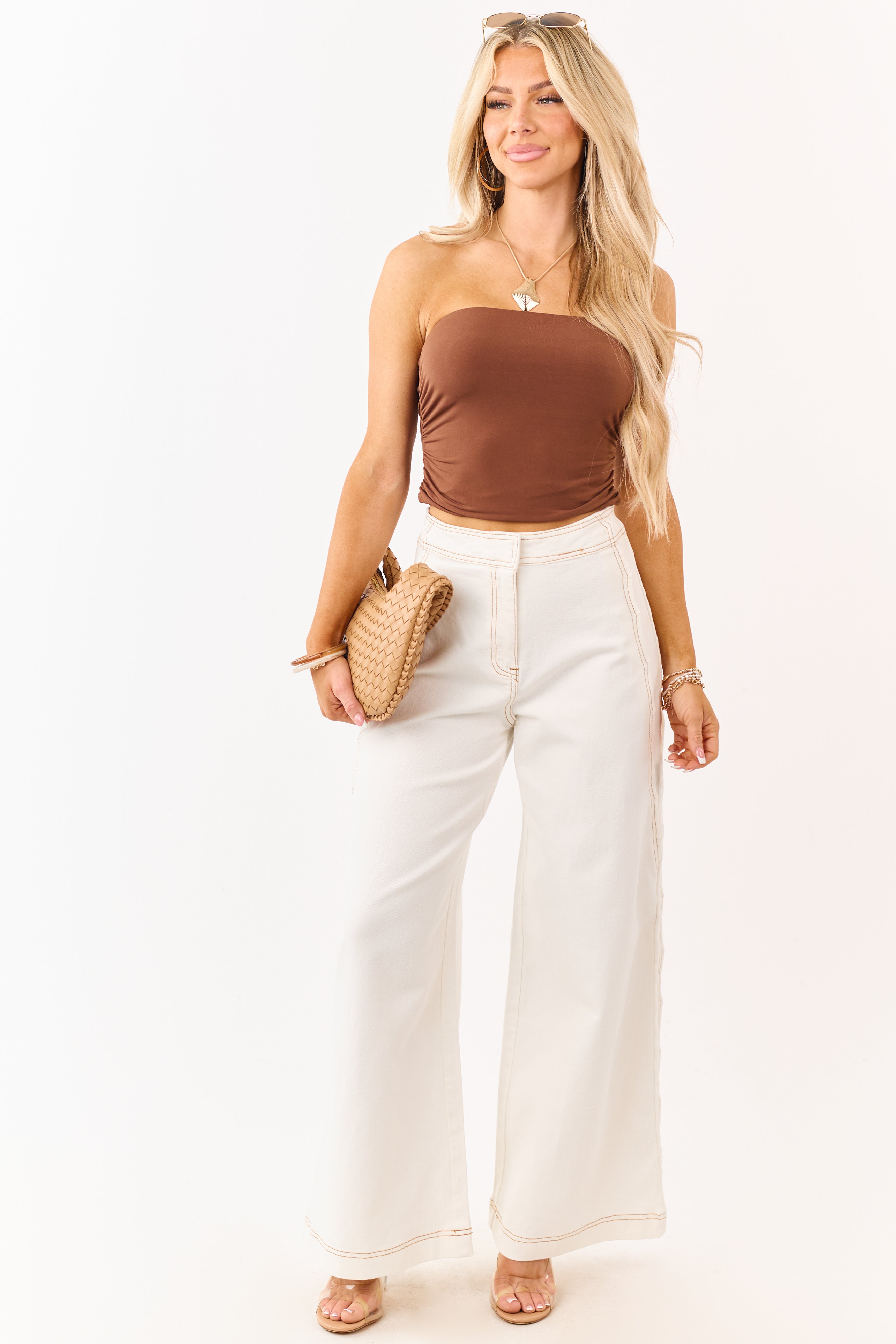 Off White Scalloped Side Seam Stretchy Wide Leg Jeans