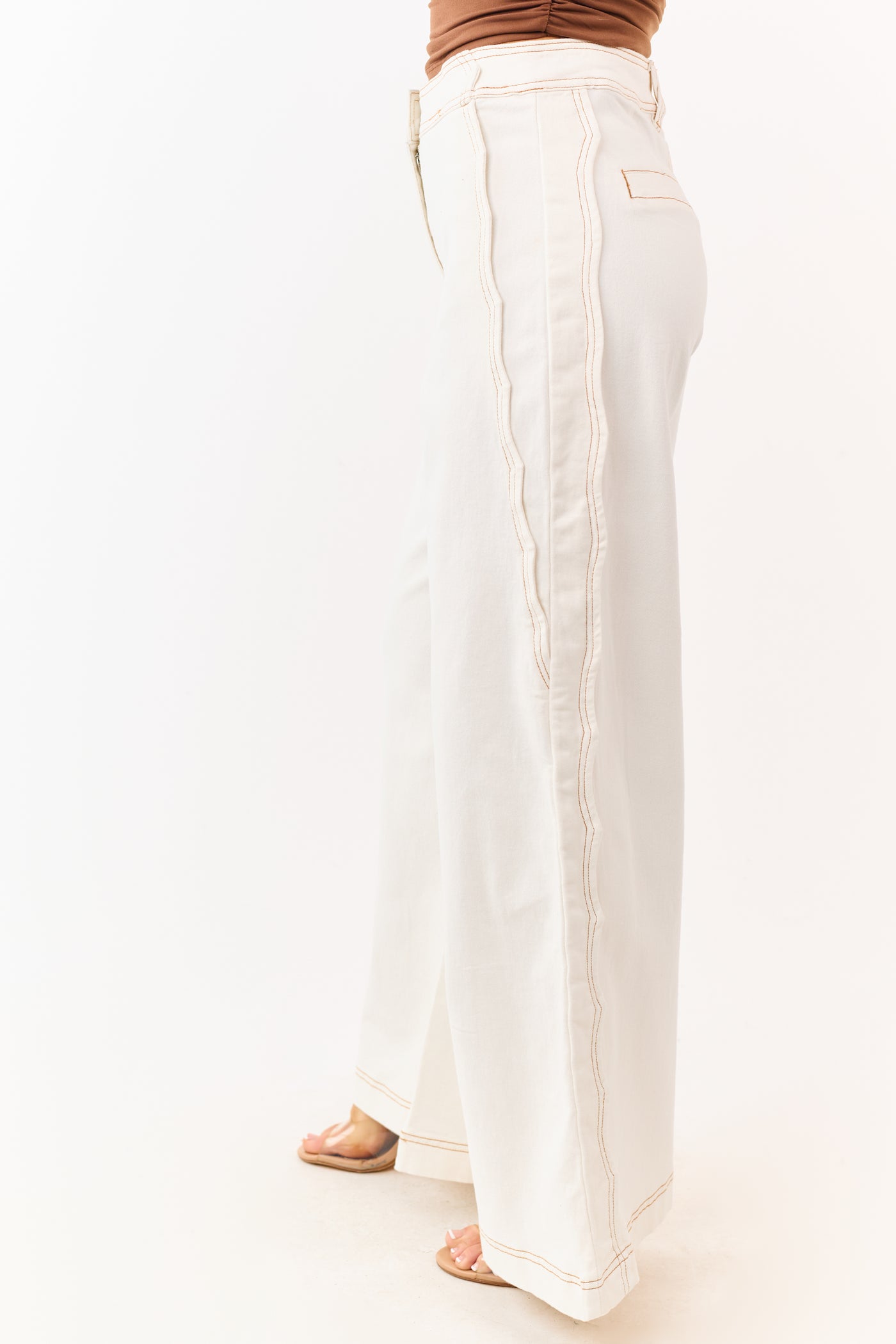 Off White Scalloped Side Seam Stretchy Wide Leg Jeans