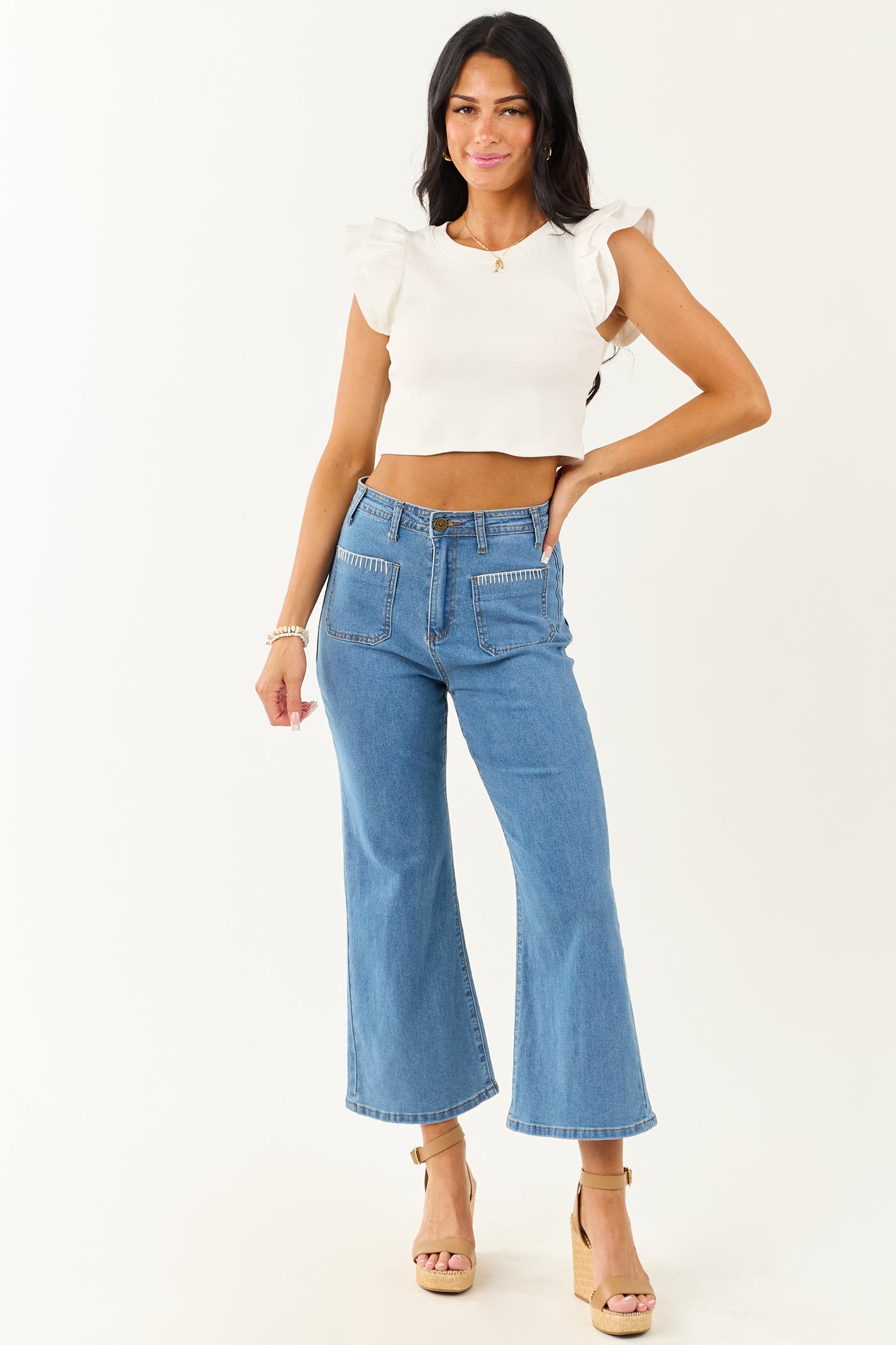 Off White Short Ruffle Sleeve Ribbed Knit Top