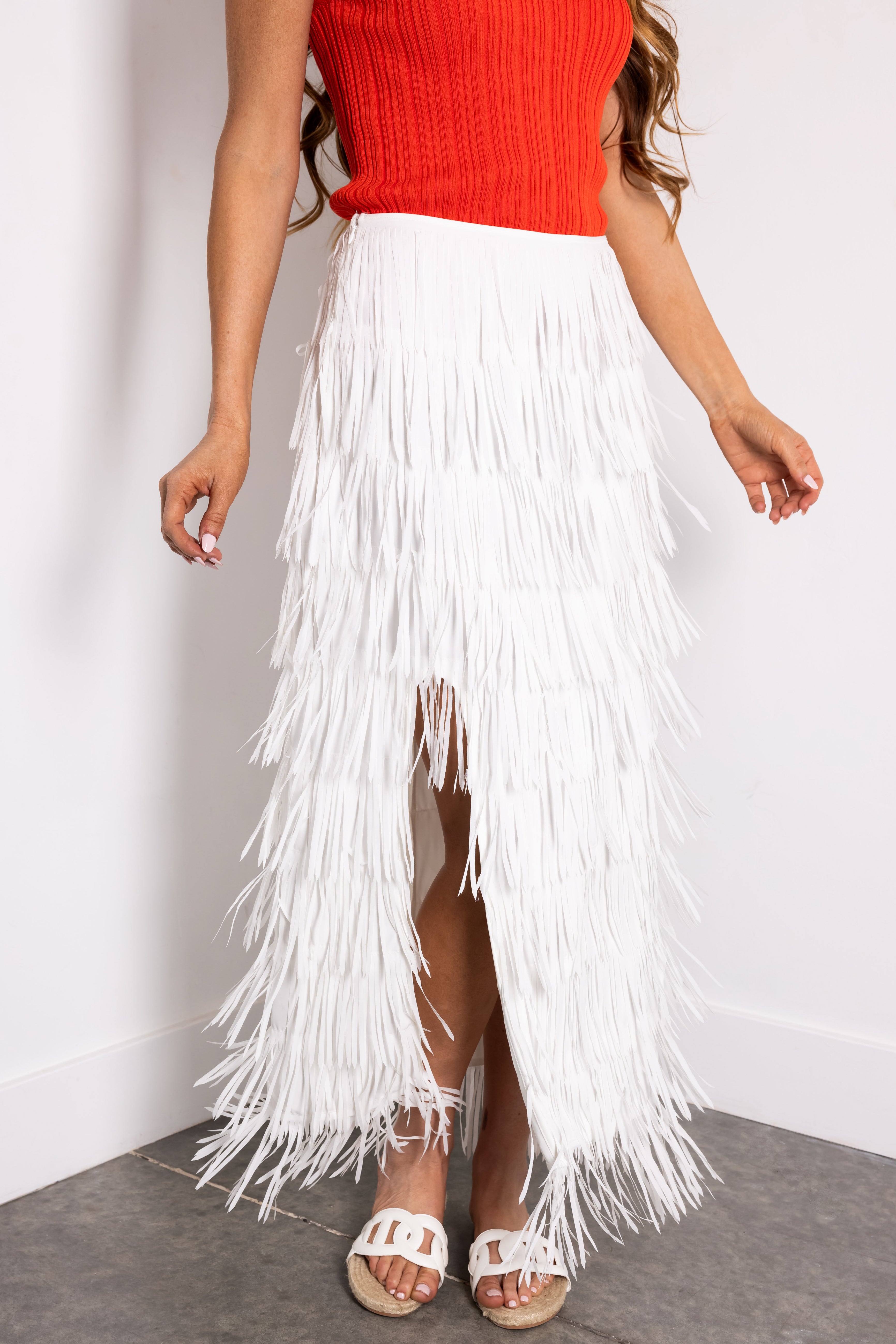 Off White Side Slit Fringe Midi Skirt | Lime Lush Boutique