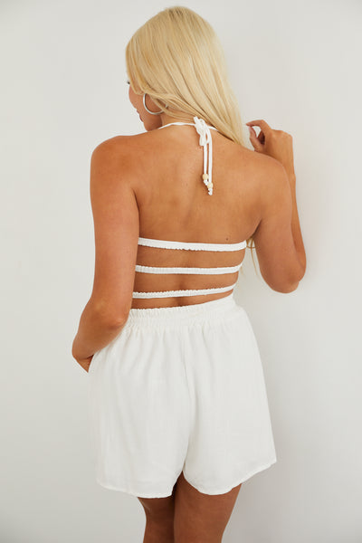 Off White Smocked Halter Neck Open Back Linen Romper