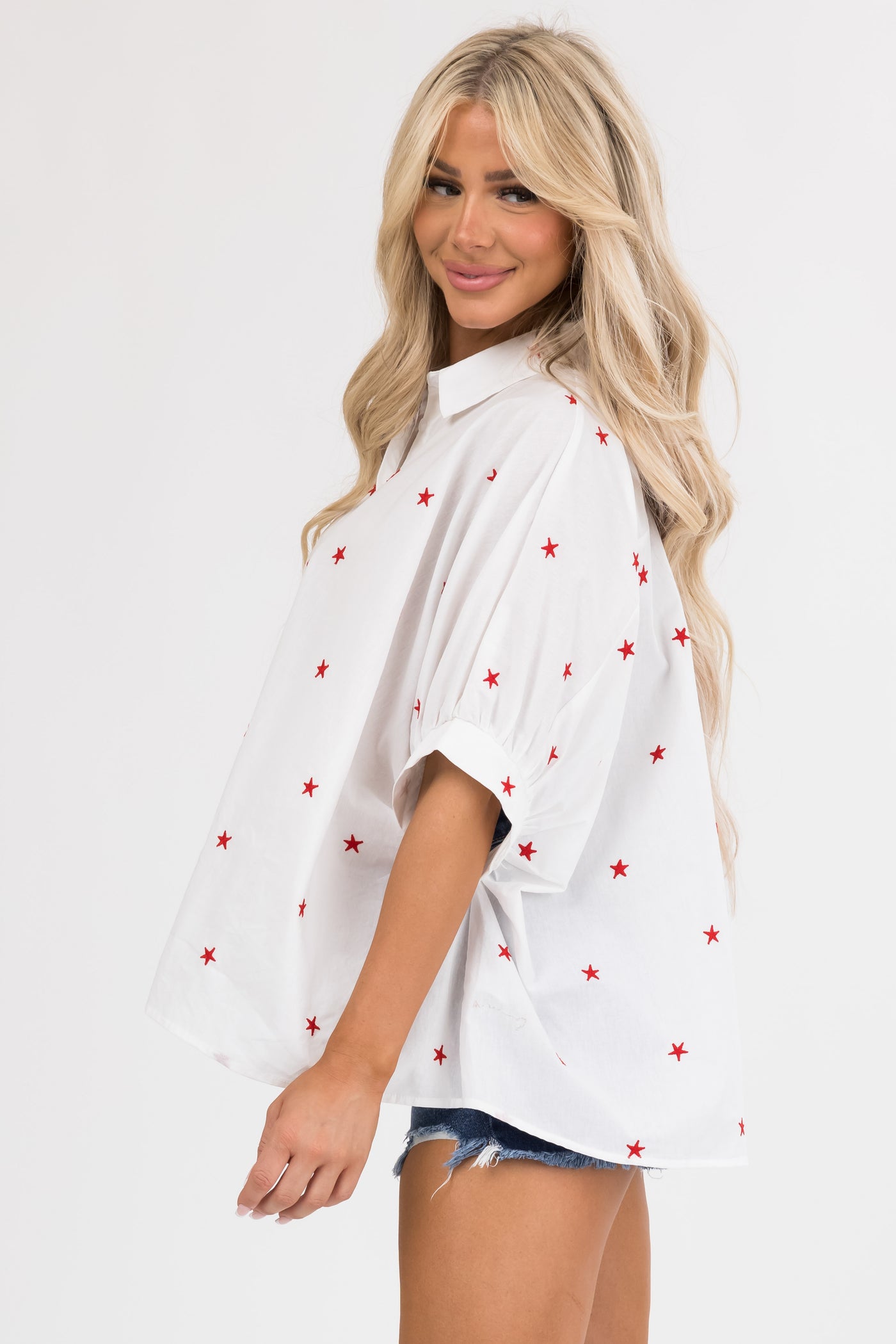 Off White Star Embroidered Button Up Oversized Shirt