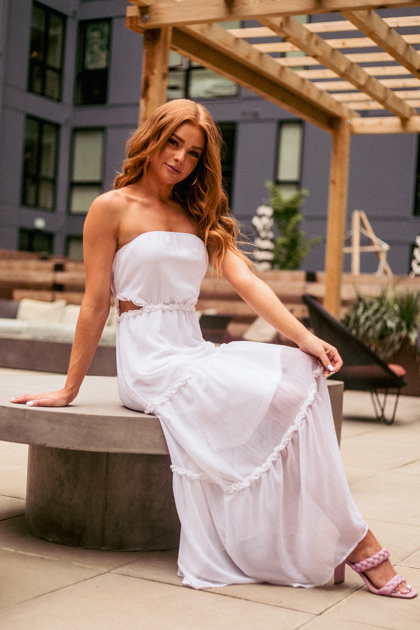 Off White Strapless Maxi Dress with Side Cut Outs
