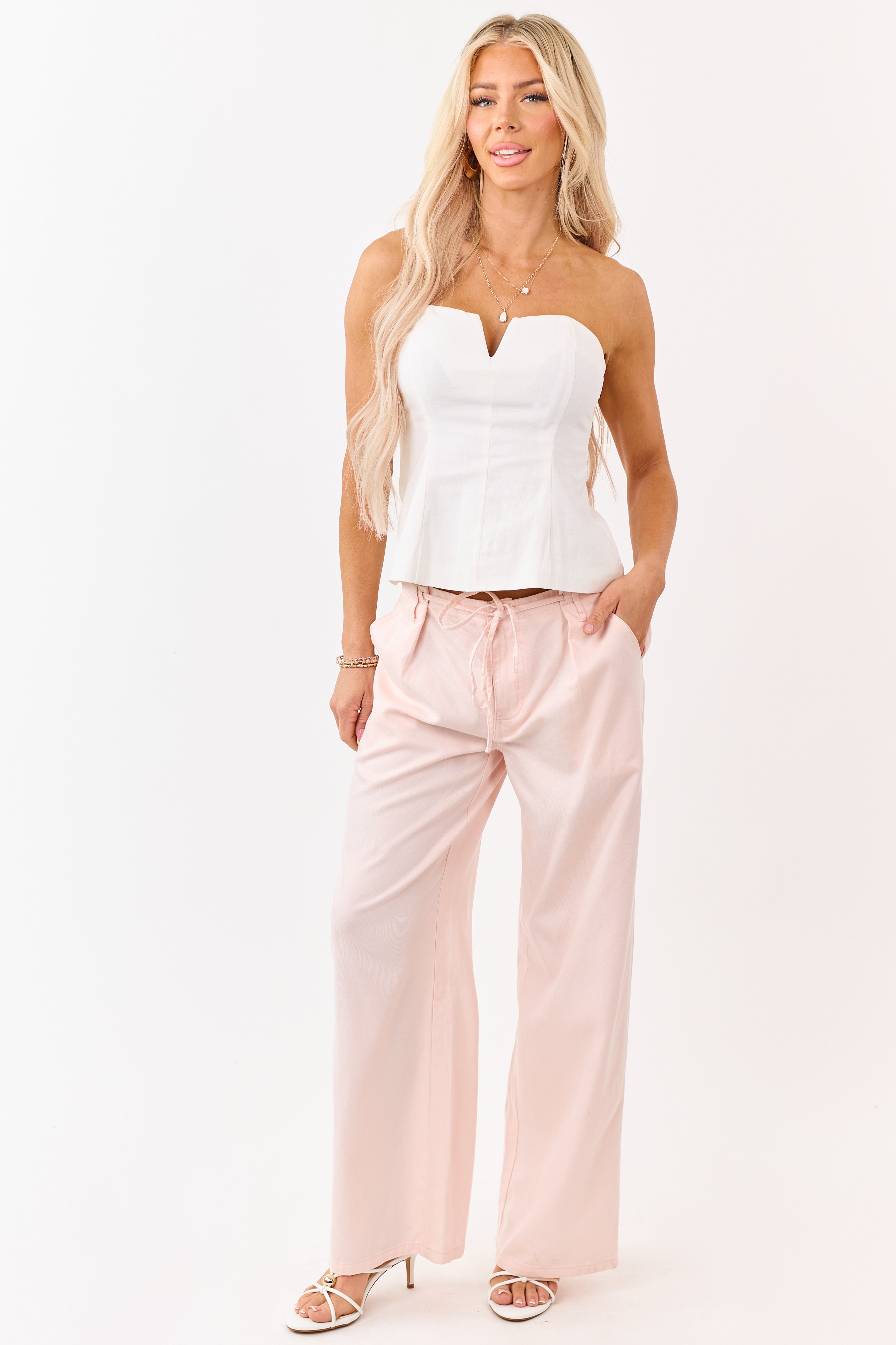 Off White Strapless V Notch Flare Top