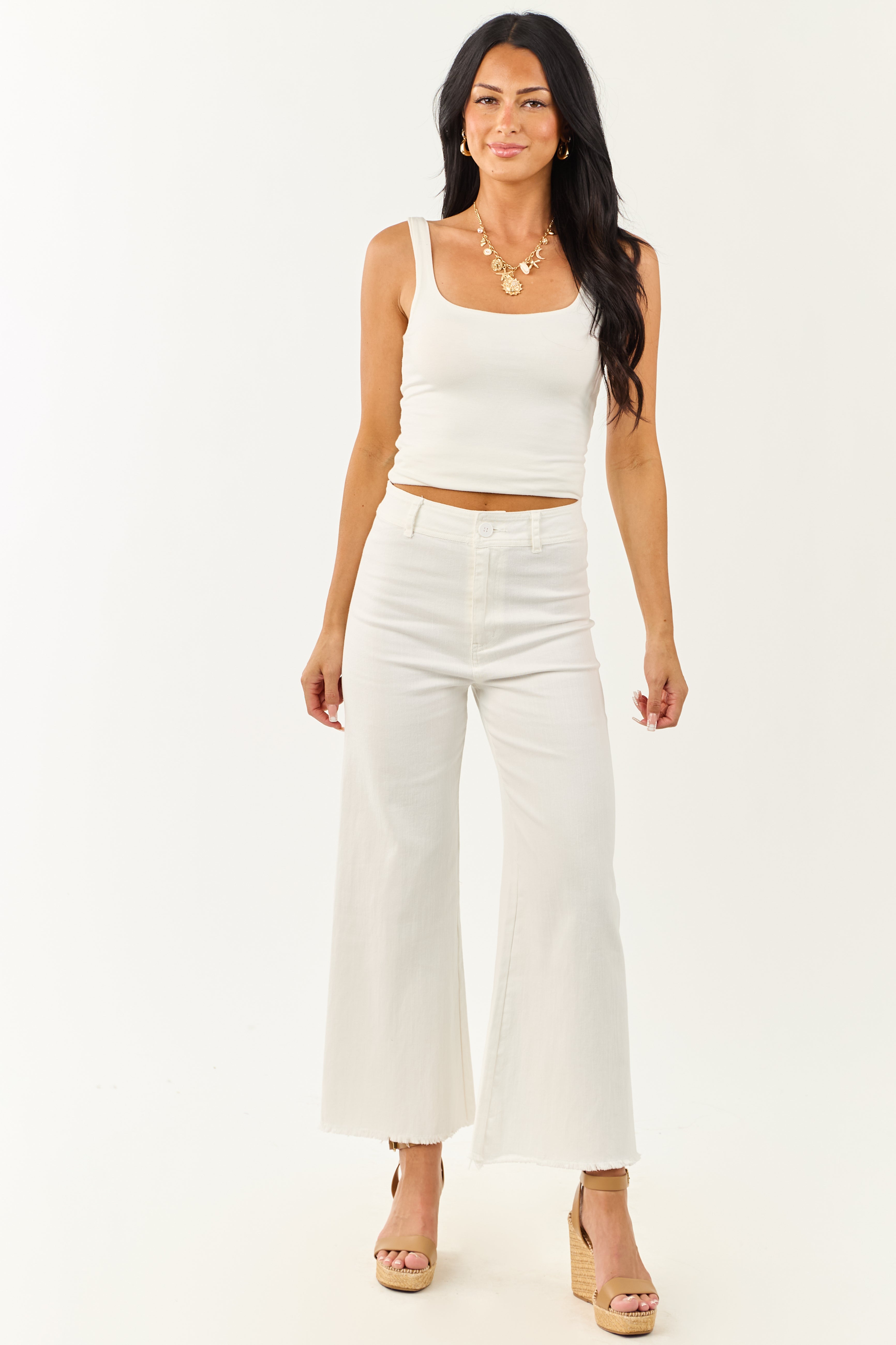 Off White Stretchy Denim Wide Leg Pants | Lime Lush Boutique