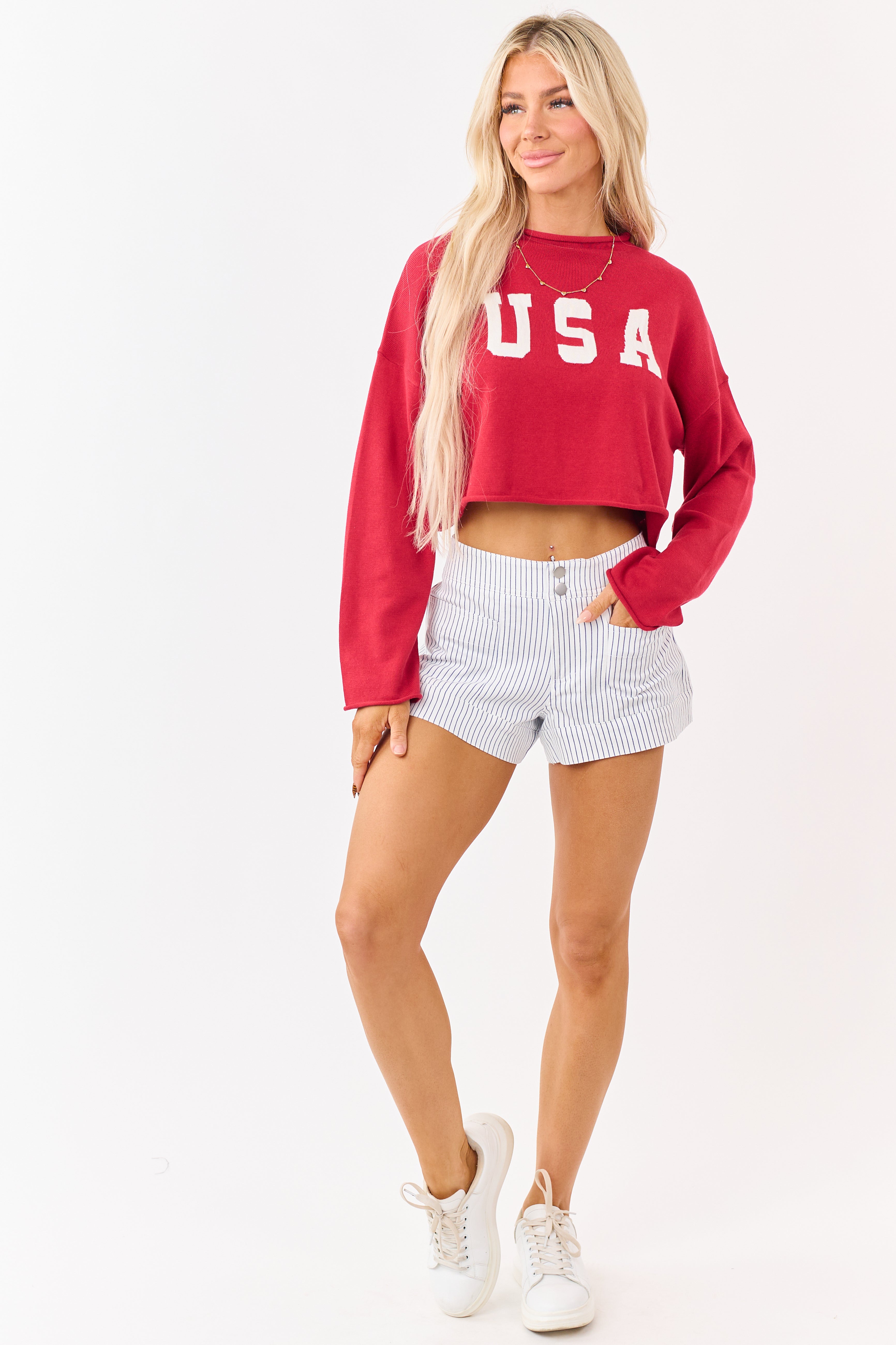 Off White Striped High Rise Stretchy Denim Shorts