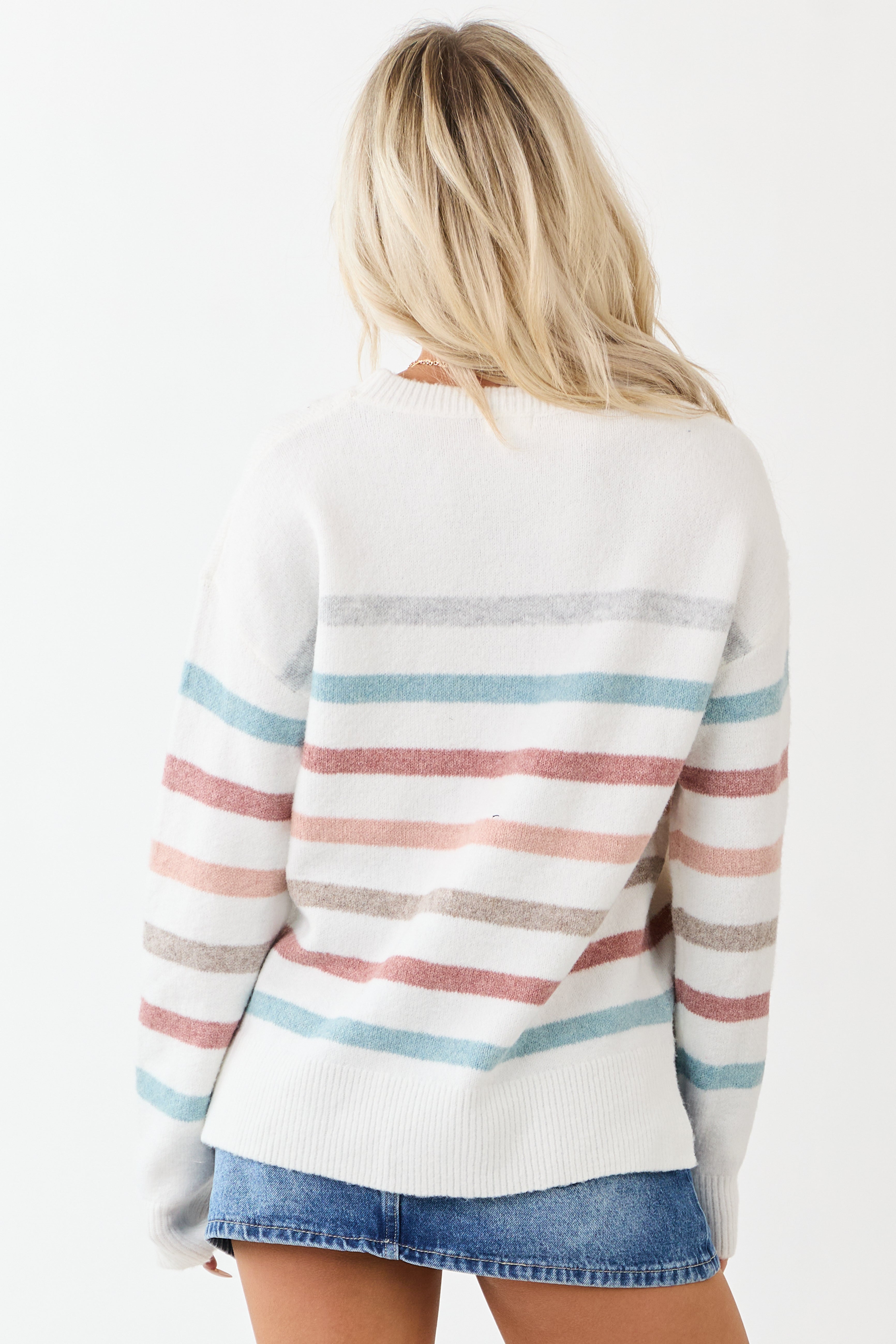 Off White Striped Long Sleeve Knit Sweater