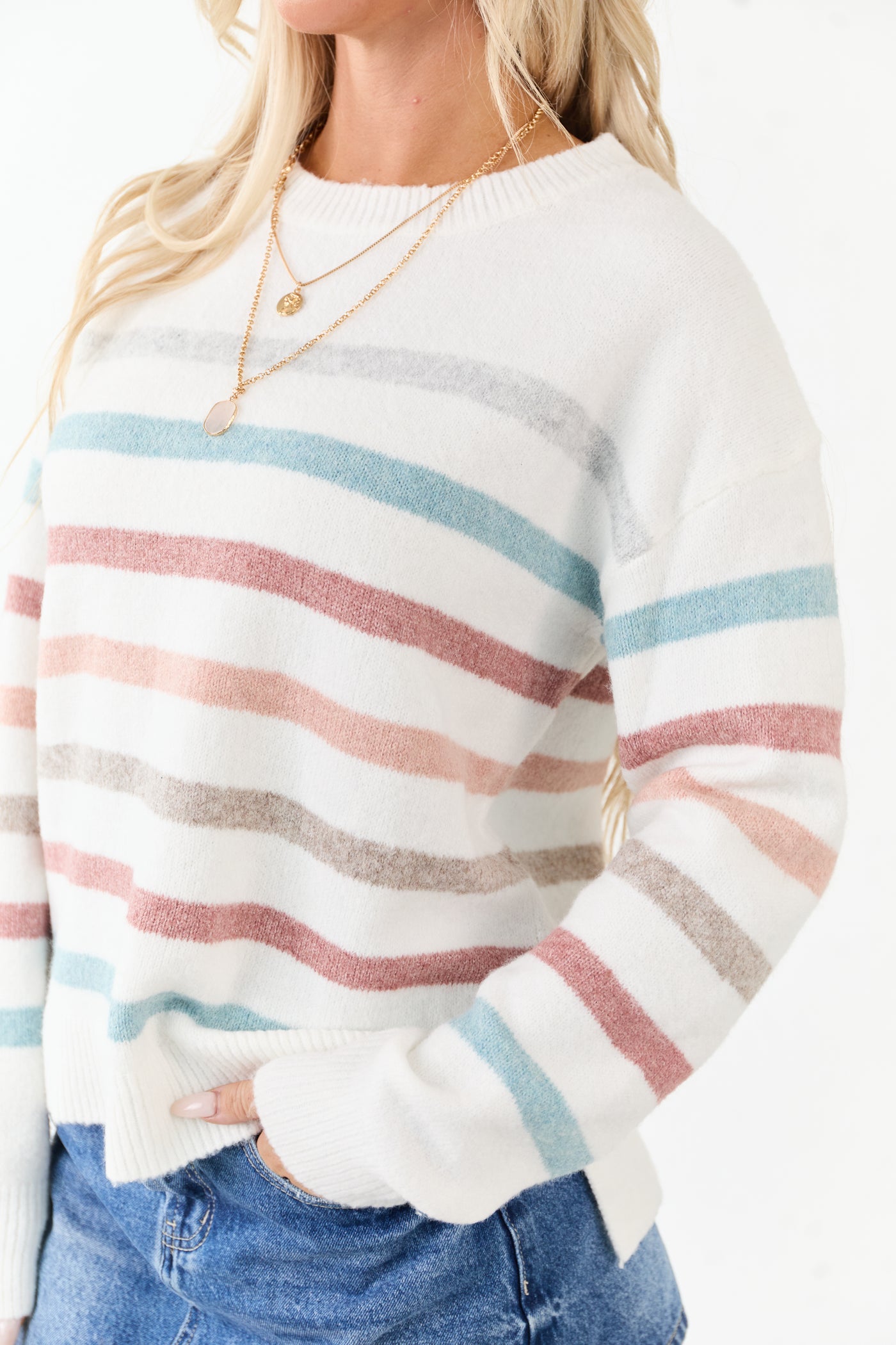 Off White Striped Long Sleeve Knit Sweater