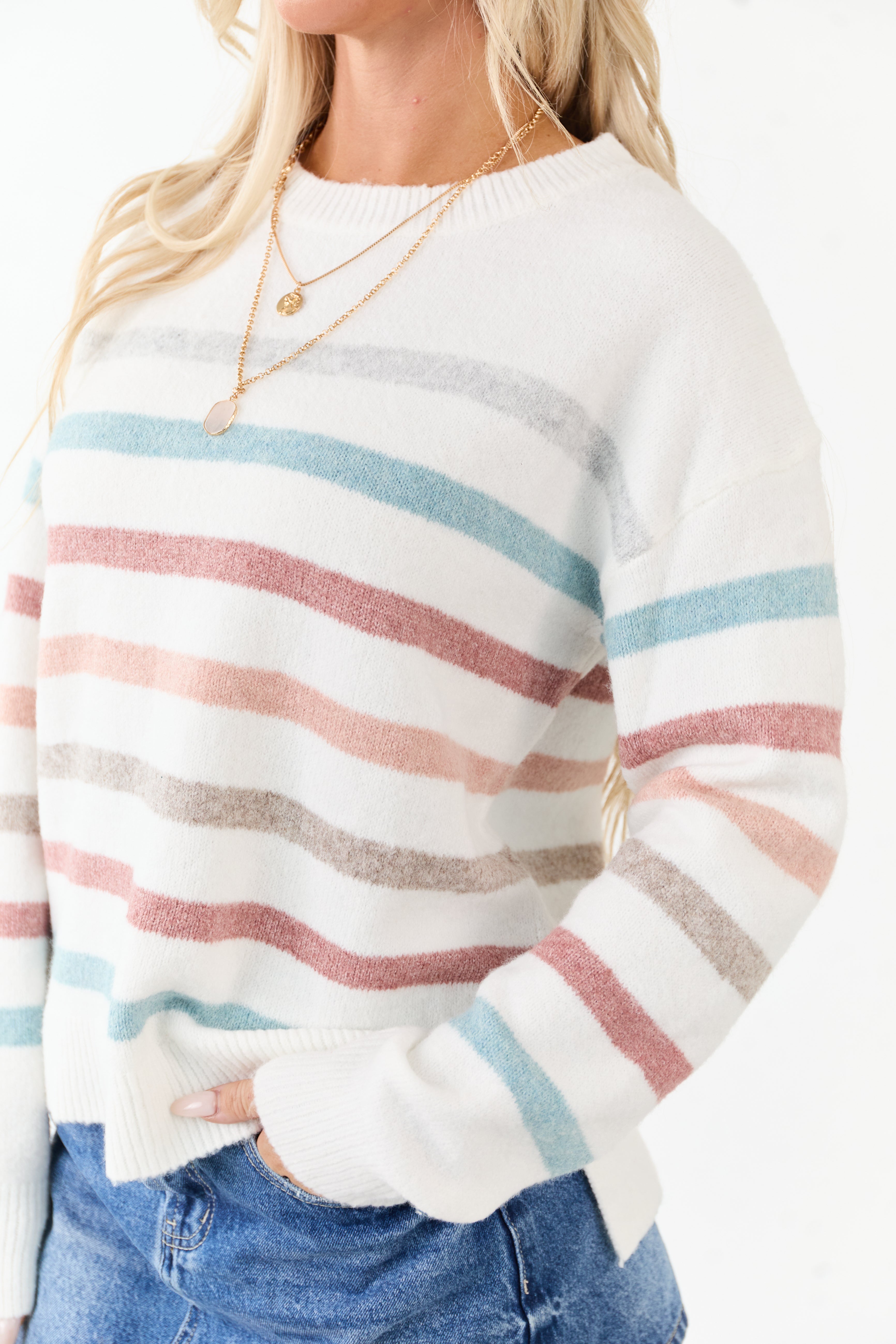 Off White Striped Long Sleeve Knit Sweater