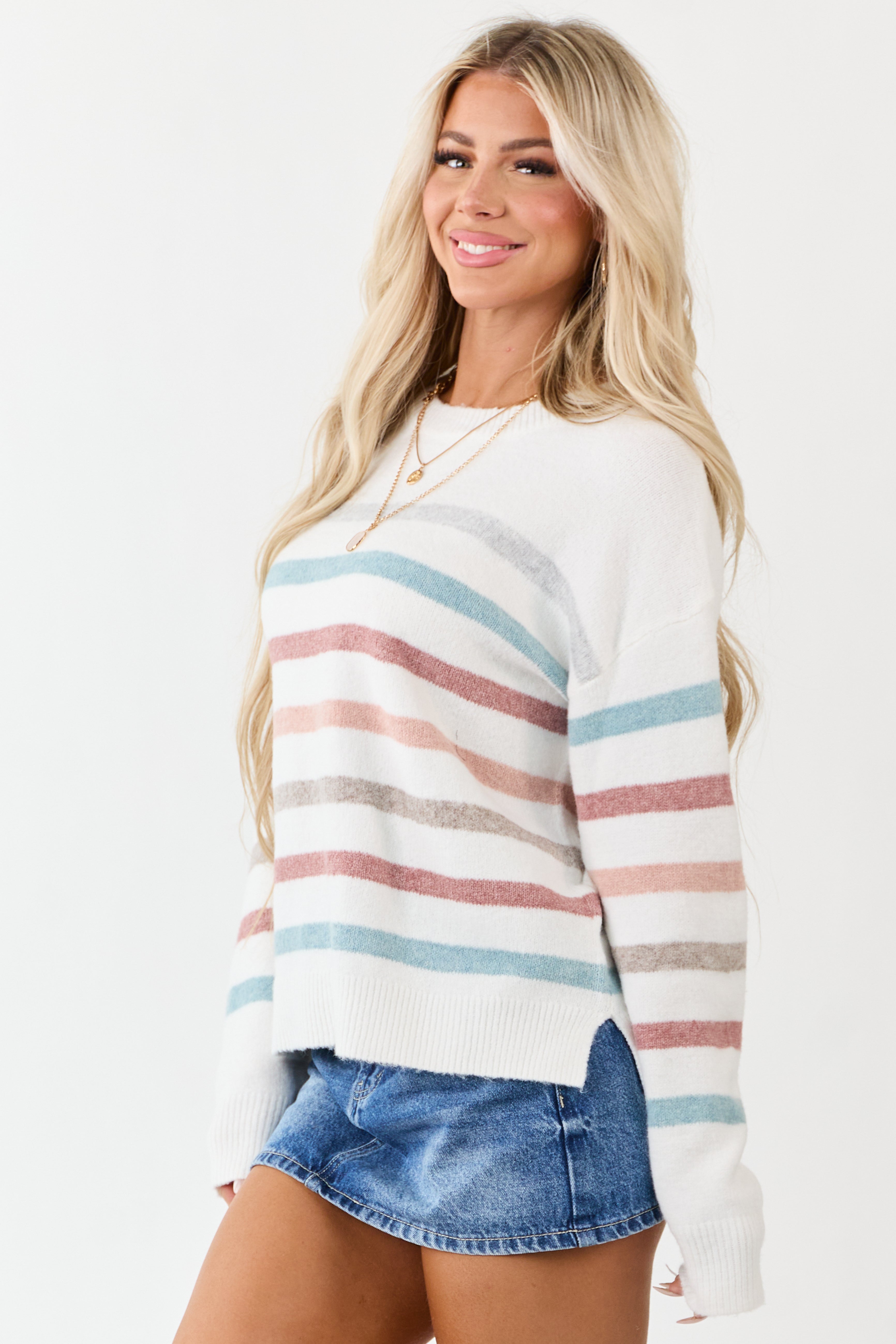Off White Striped Long Sleeve Knit Sweater