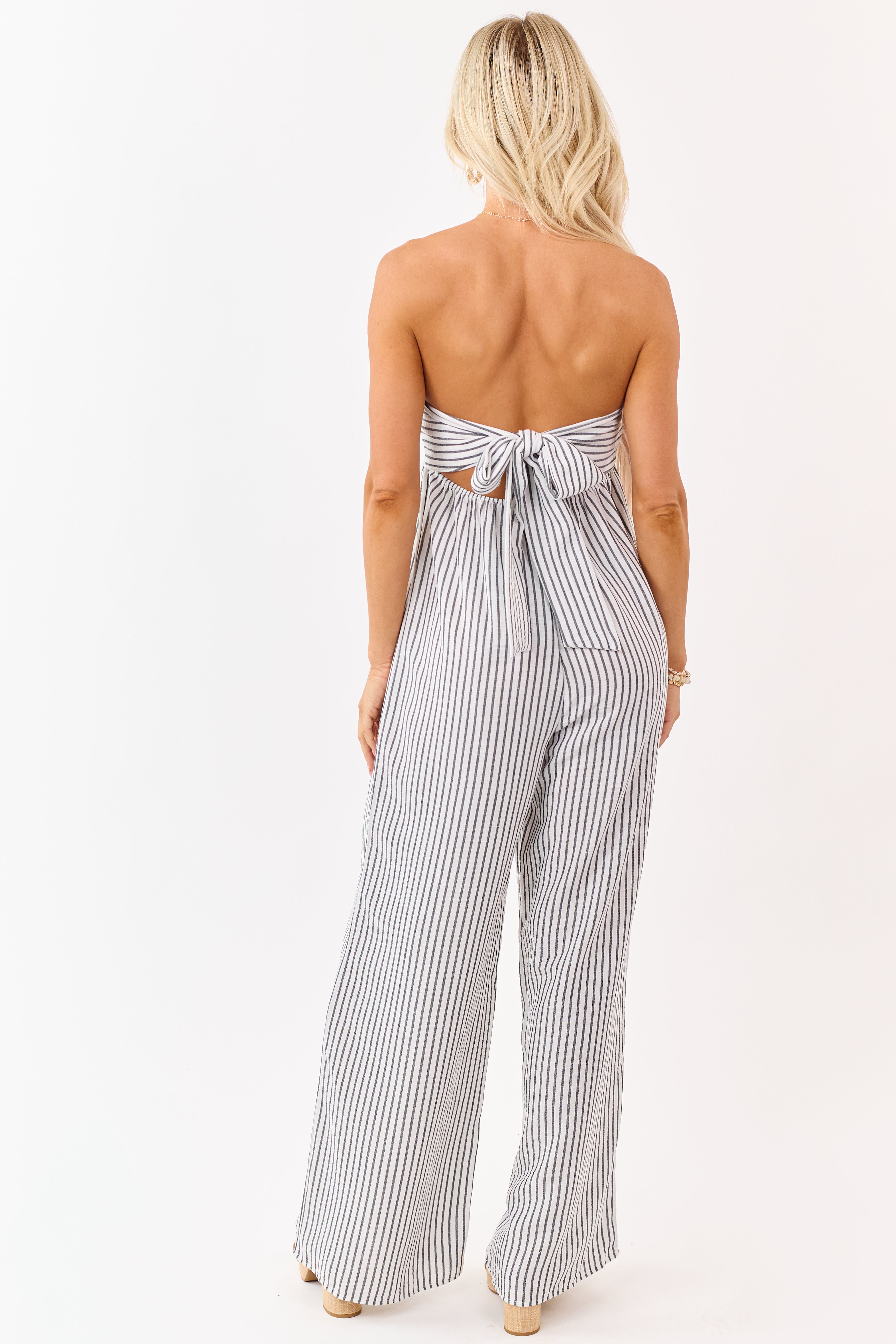 Off White Striped Strapless Wide Leg Jumpsuit