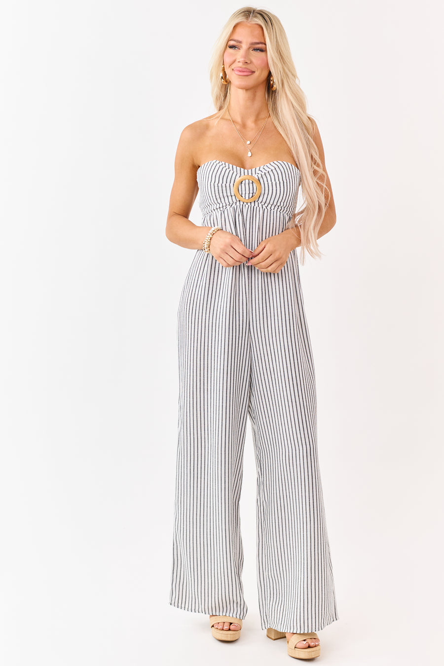 Off White Striped Strapless Wide Leg Jumpsuit
