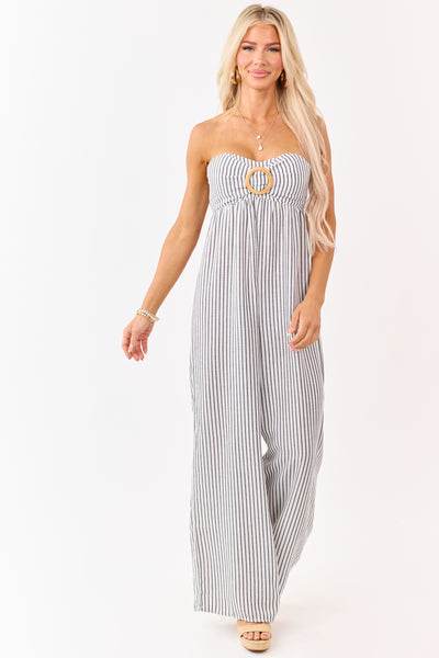 Off White Striped Strapless Wide Leg Jumpsuit
