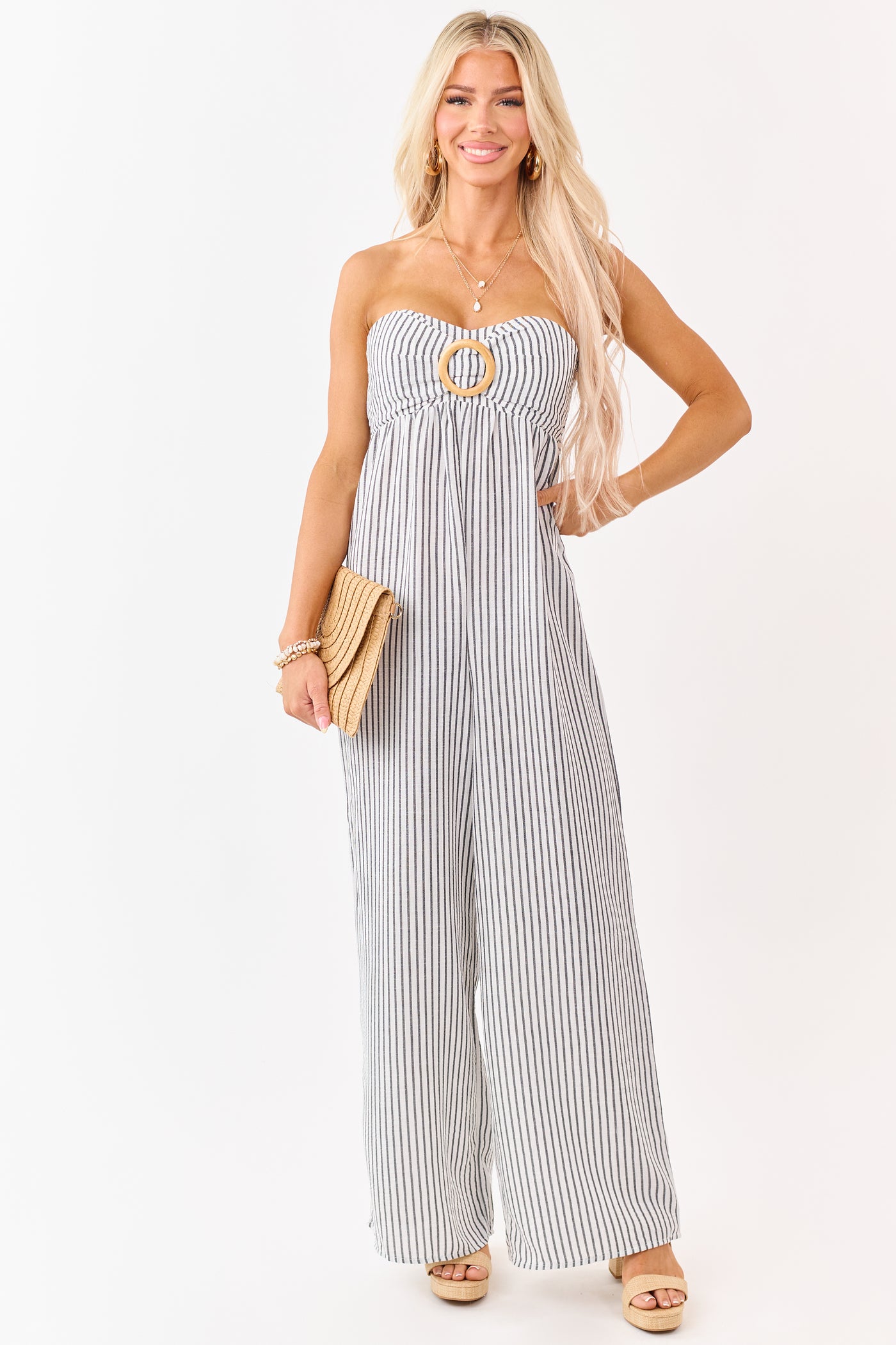 Off White Striped Strapless Wide Leg Jumpsuit
