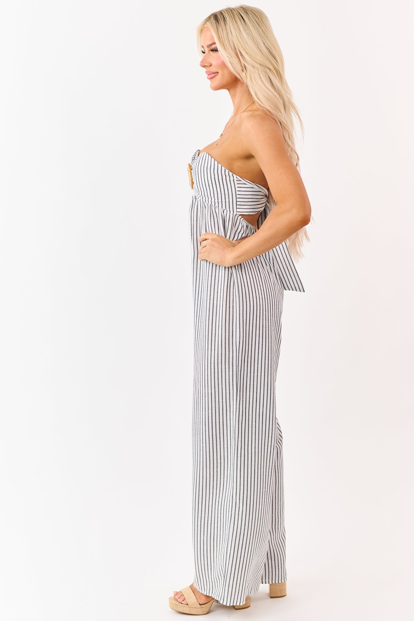 Off White Striped Strapless Wide Leg Jumpsuit