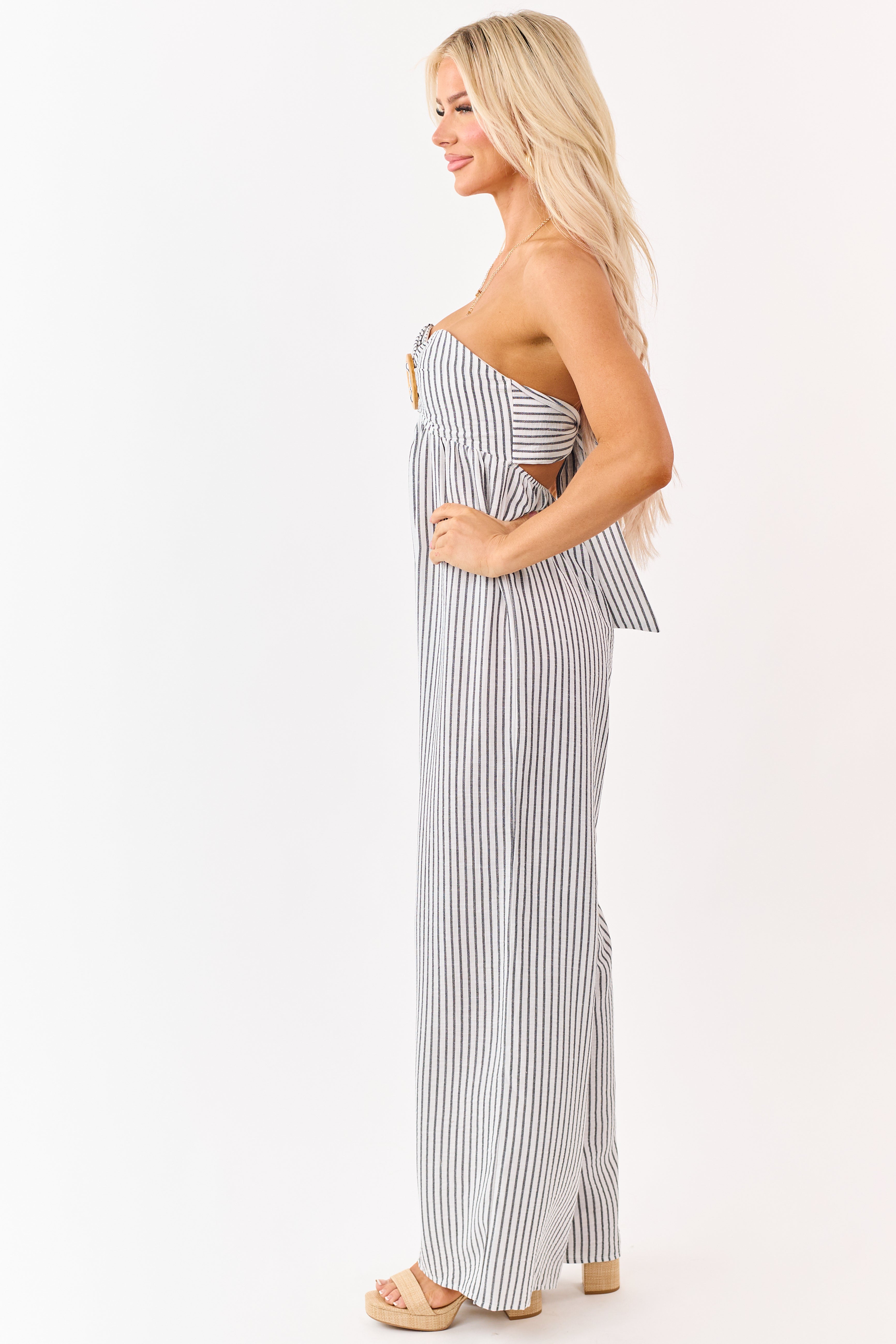 Off White Striped Strapless Wide Leg Jumpsuit