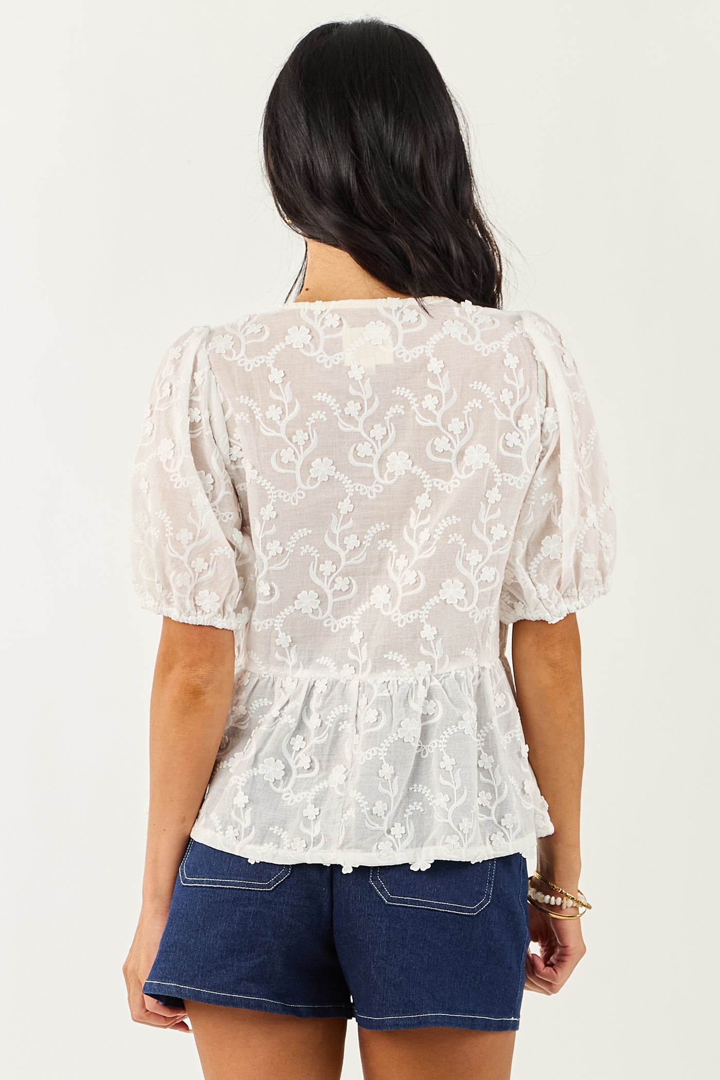 Off White Textured Floral Short Sleeve Peplum Blouse