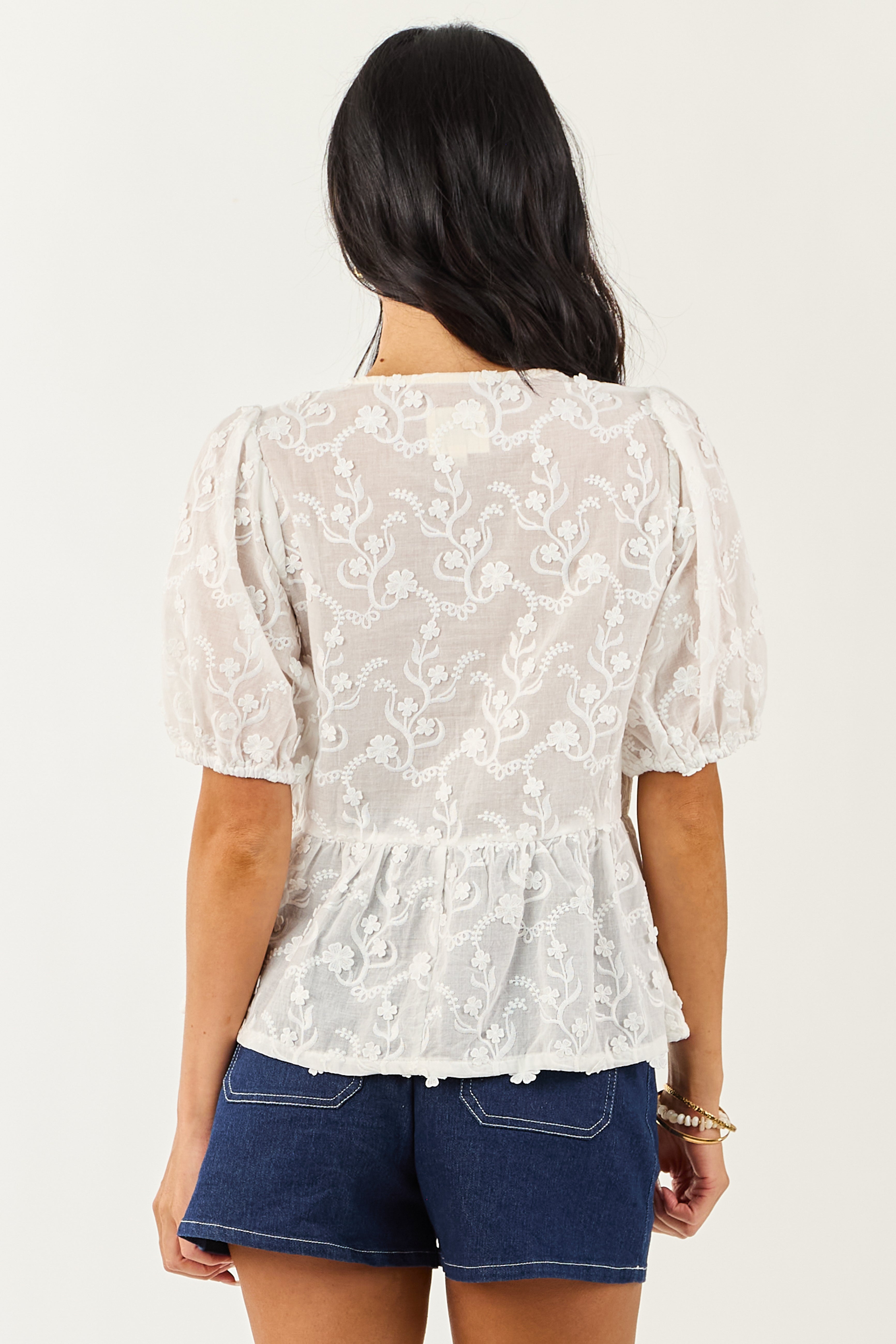 Off White Textured Floral Short Sleeve Peplum Blouse