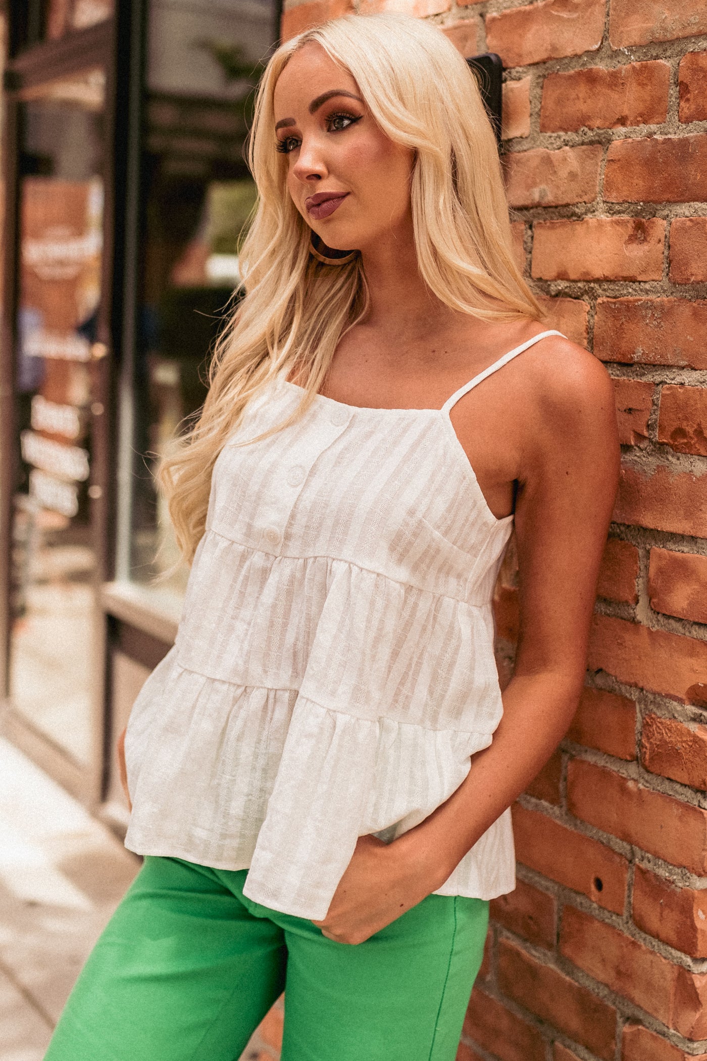 Off White Textured Tiered Woven Cami with Button Details