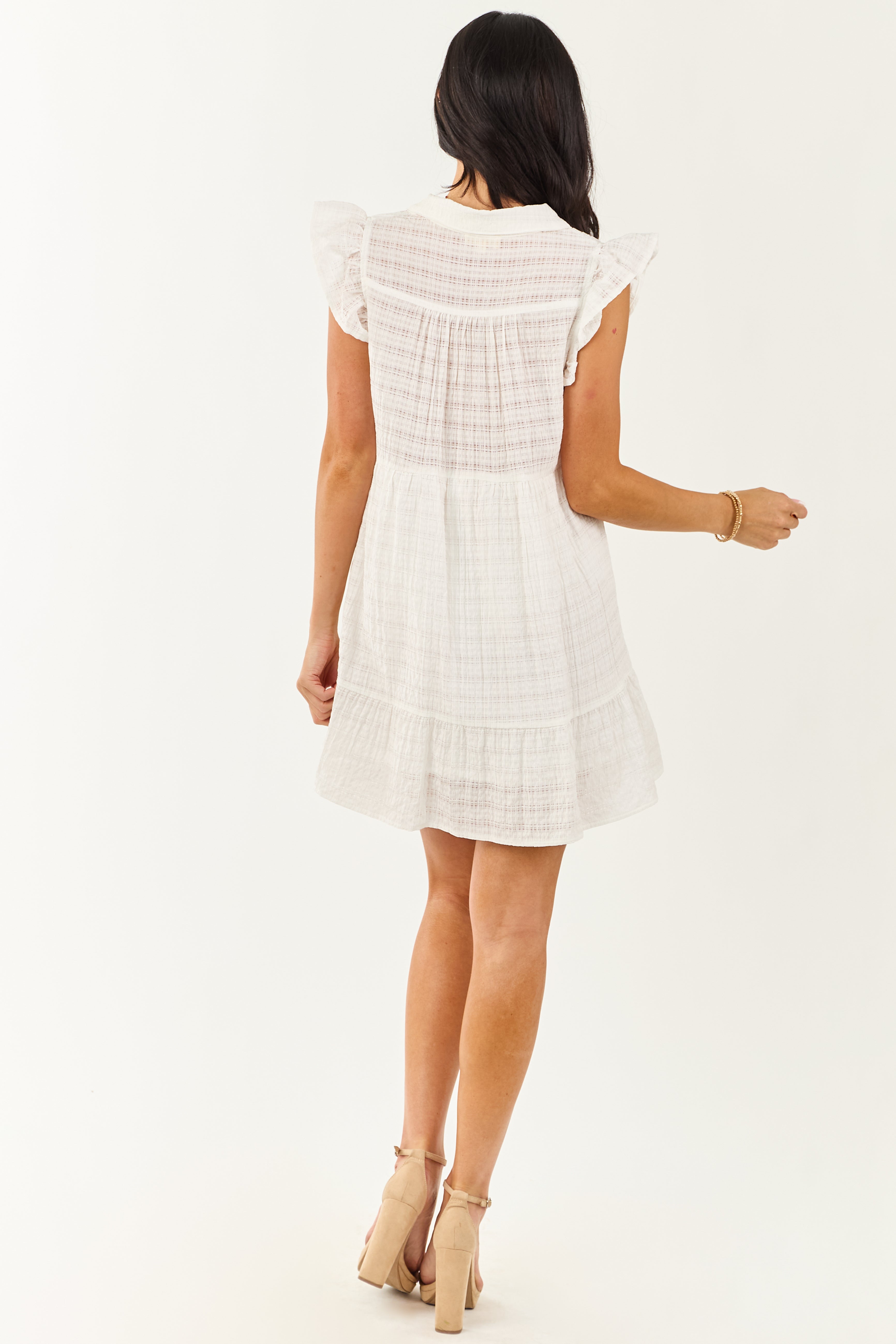 Off White Textured V Neck Cap Sleeve Mini Dress Off White Textured V Neck Cap Sleeve Mini Dress