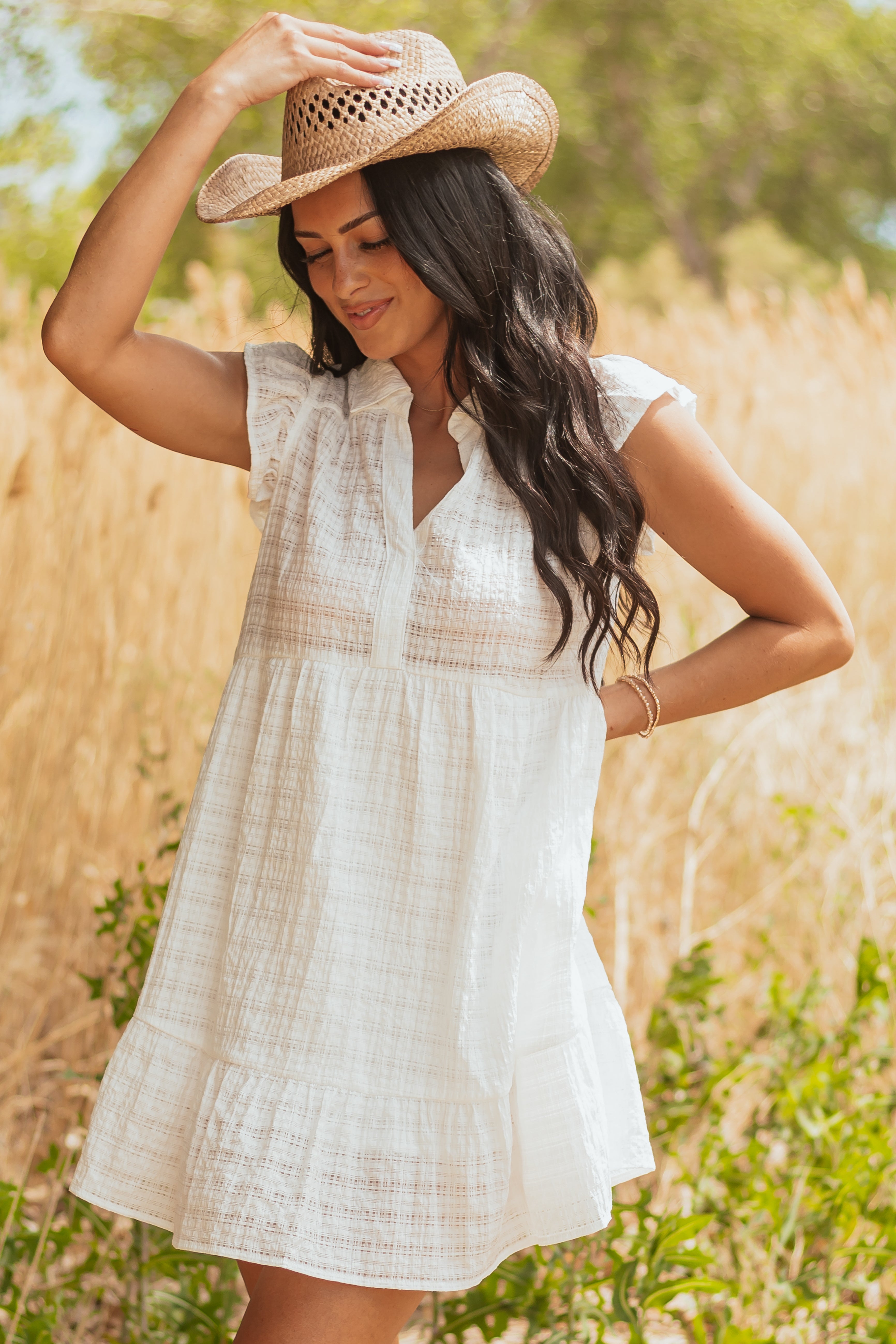 Off White Textured V Neck Cap Sleeve Mini Dress