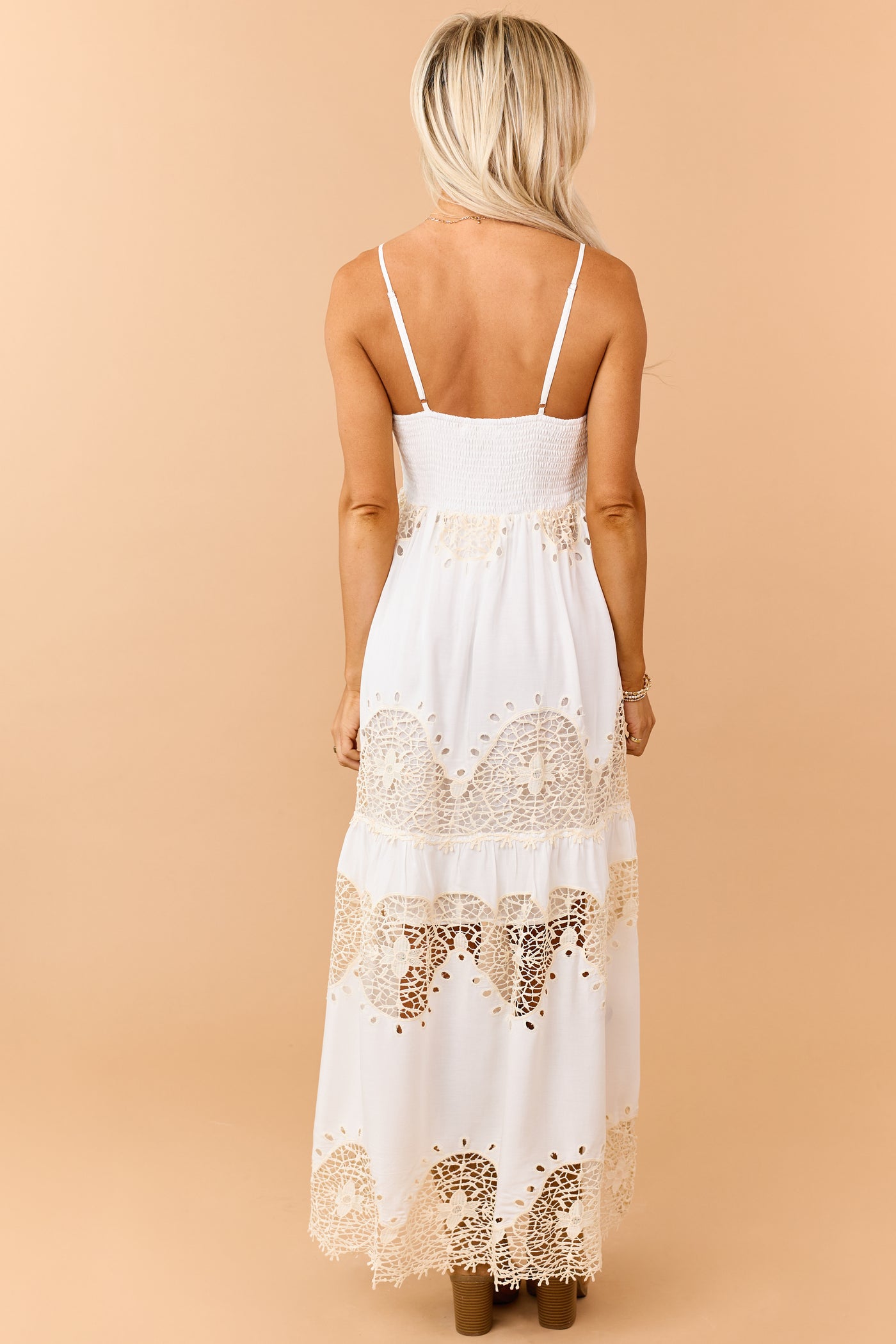 Off White Tiered Crochet Lace Sleeveless Maxi Dress