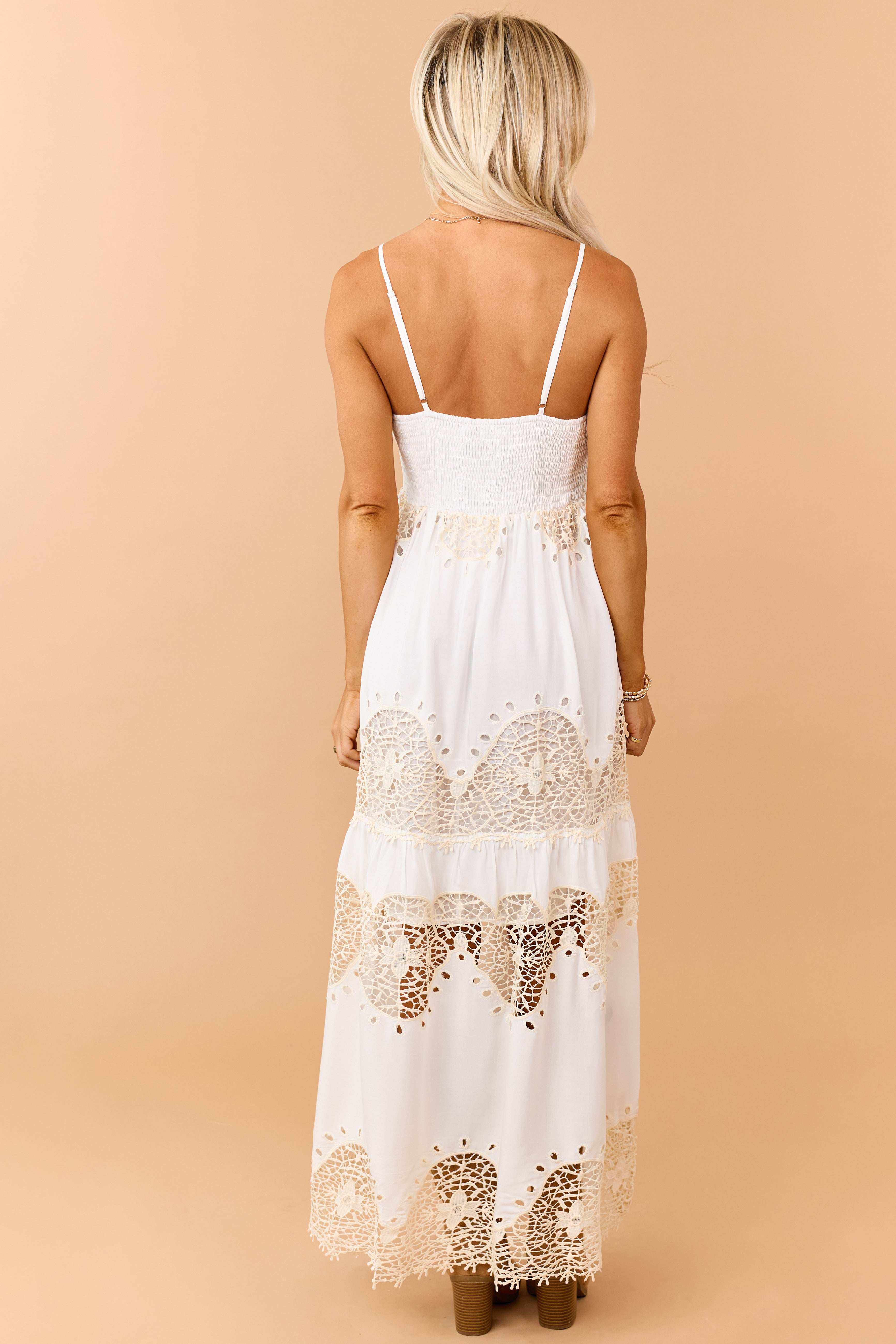 Off White Tiered Crochet Lace Sleeveless Maxi Dress