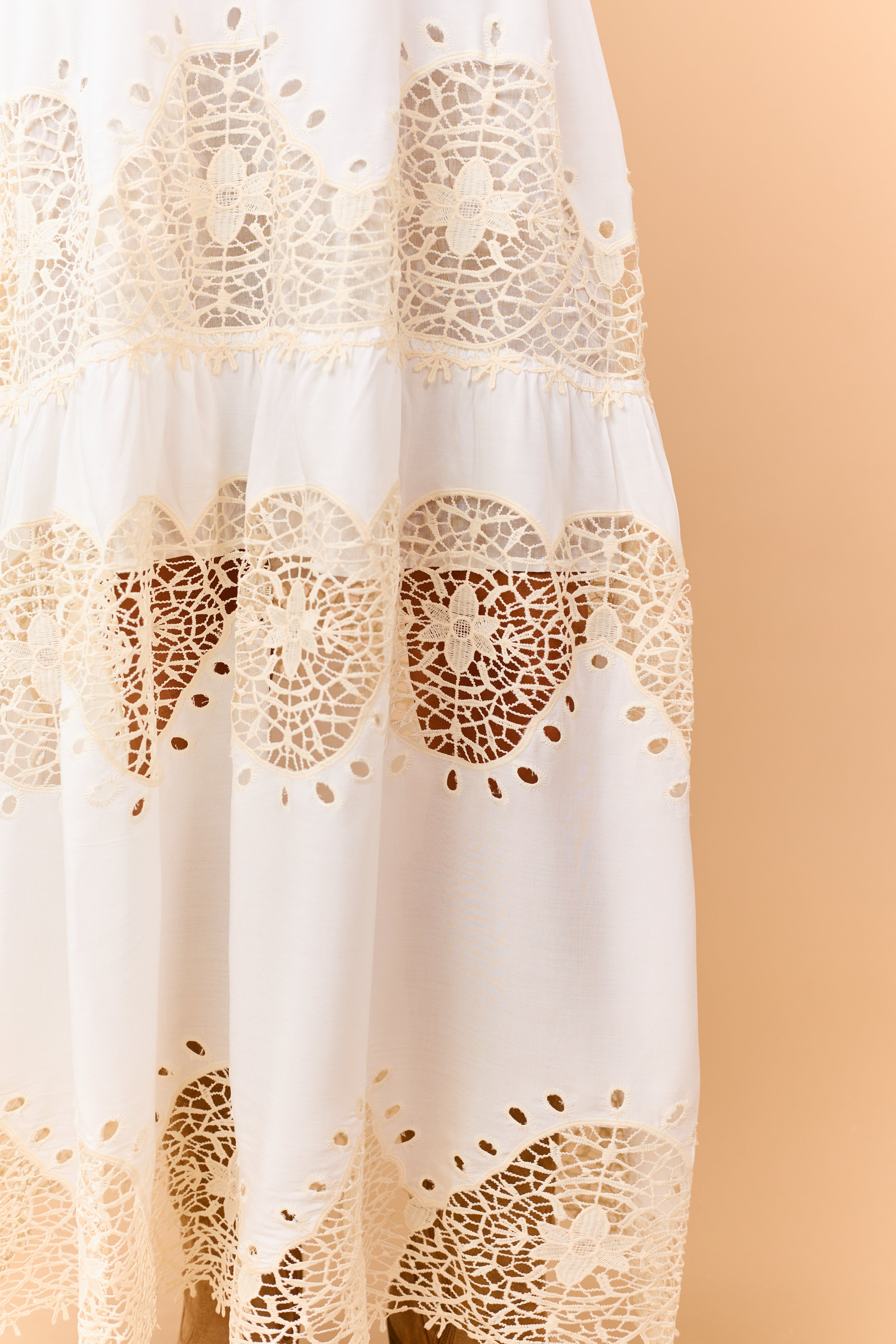 Off White Tiered Crochet Lace Sleeveless Maxi Dress