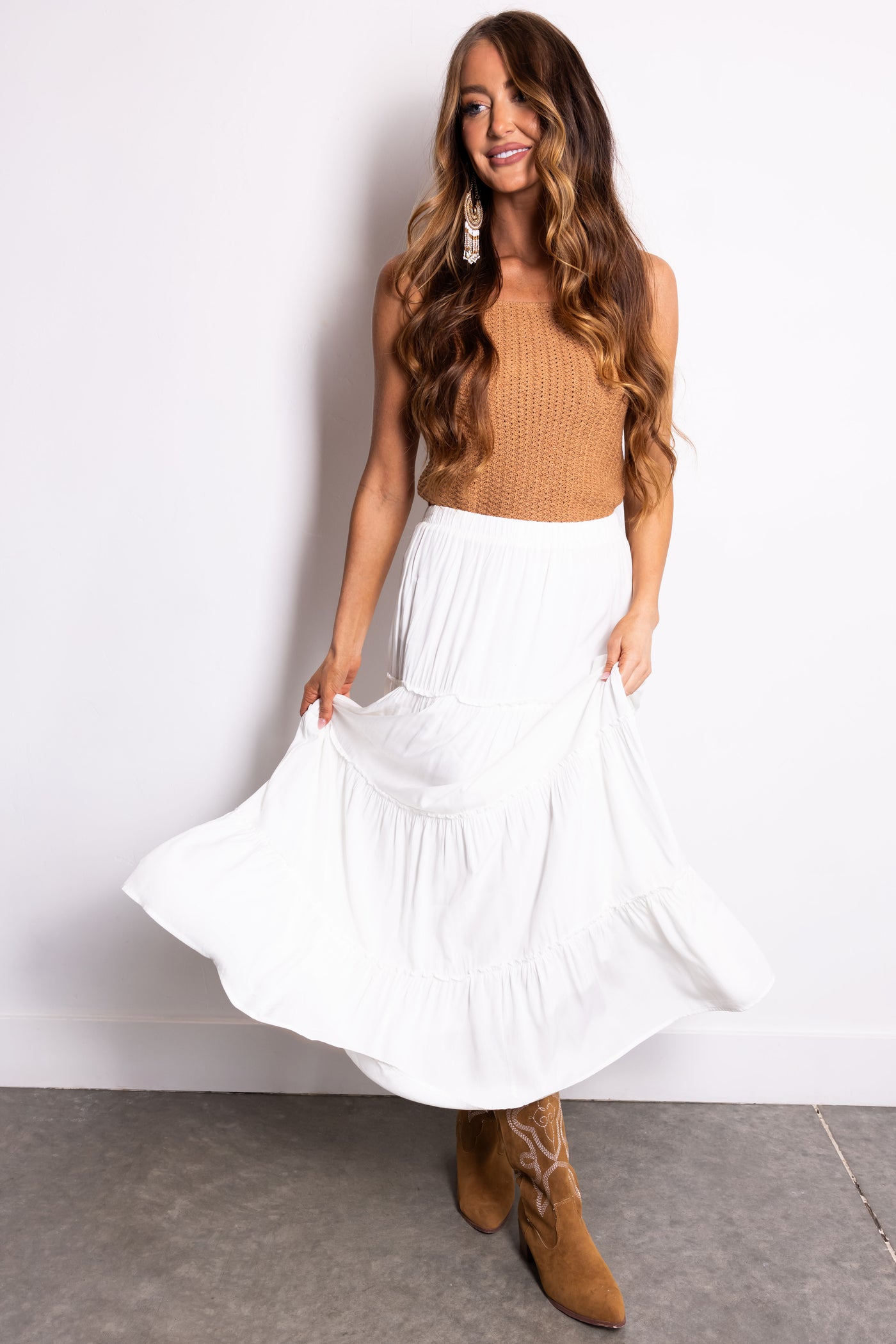 Off White Tiered Elastic Waist Woven Maxi Skirt