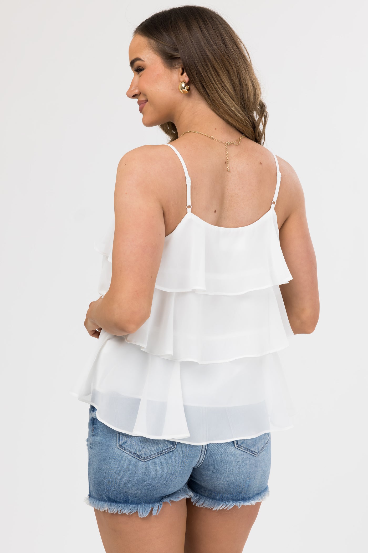 Off White Tiered Ruffle Front Tie Tank Top