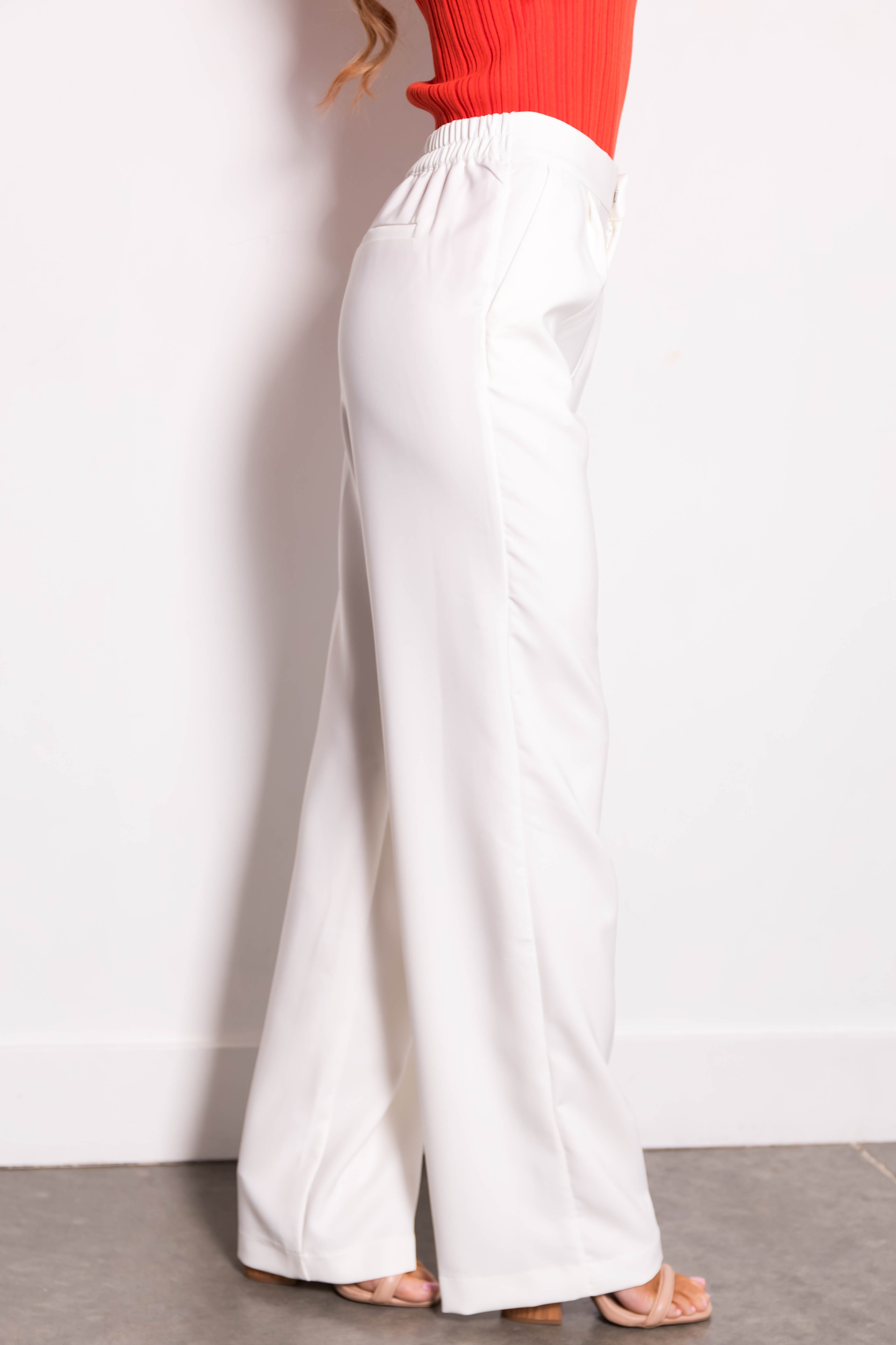 Off White Wide Leg Elastic Waist Woven Pants | Lime Lush