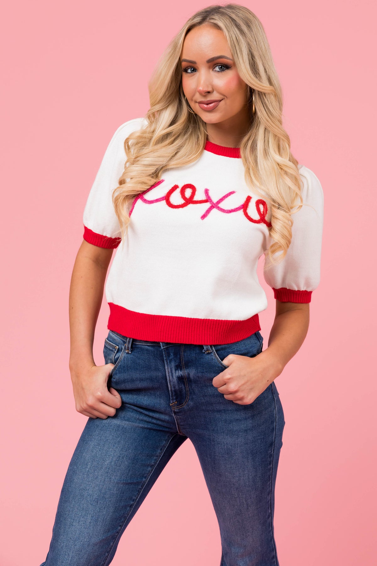 Off White 'XOXO' Half Sleeve Sweater Lime Lush Boutique