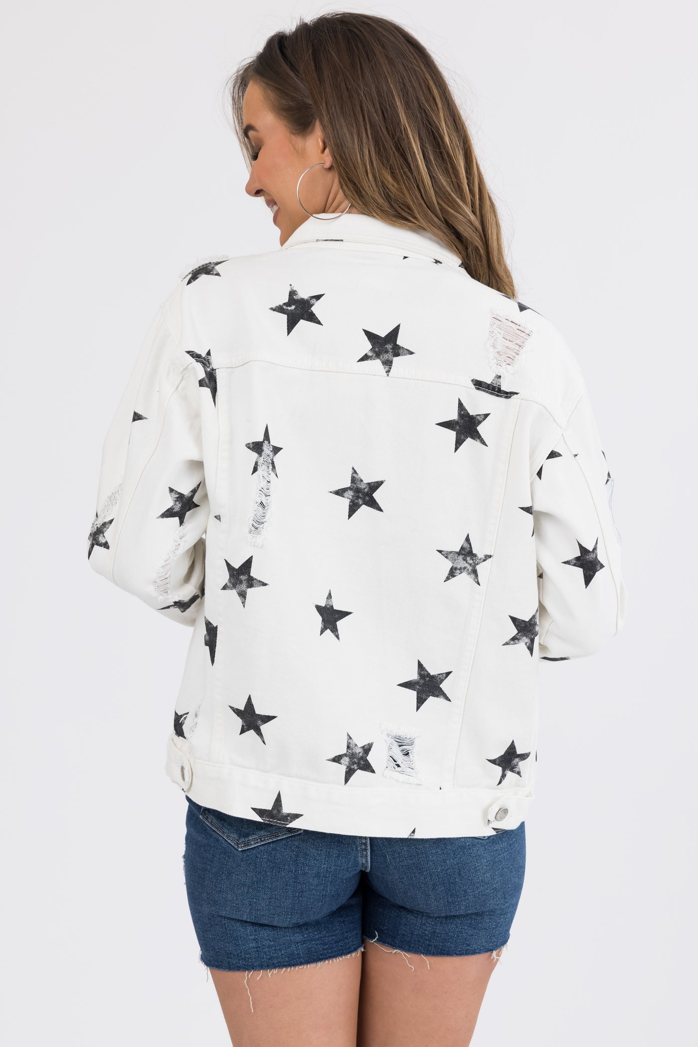 Off White and Black Star Print Denim Jacket