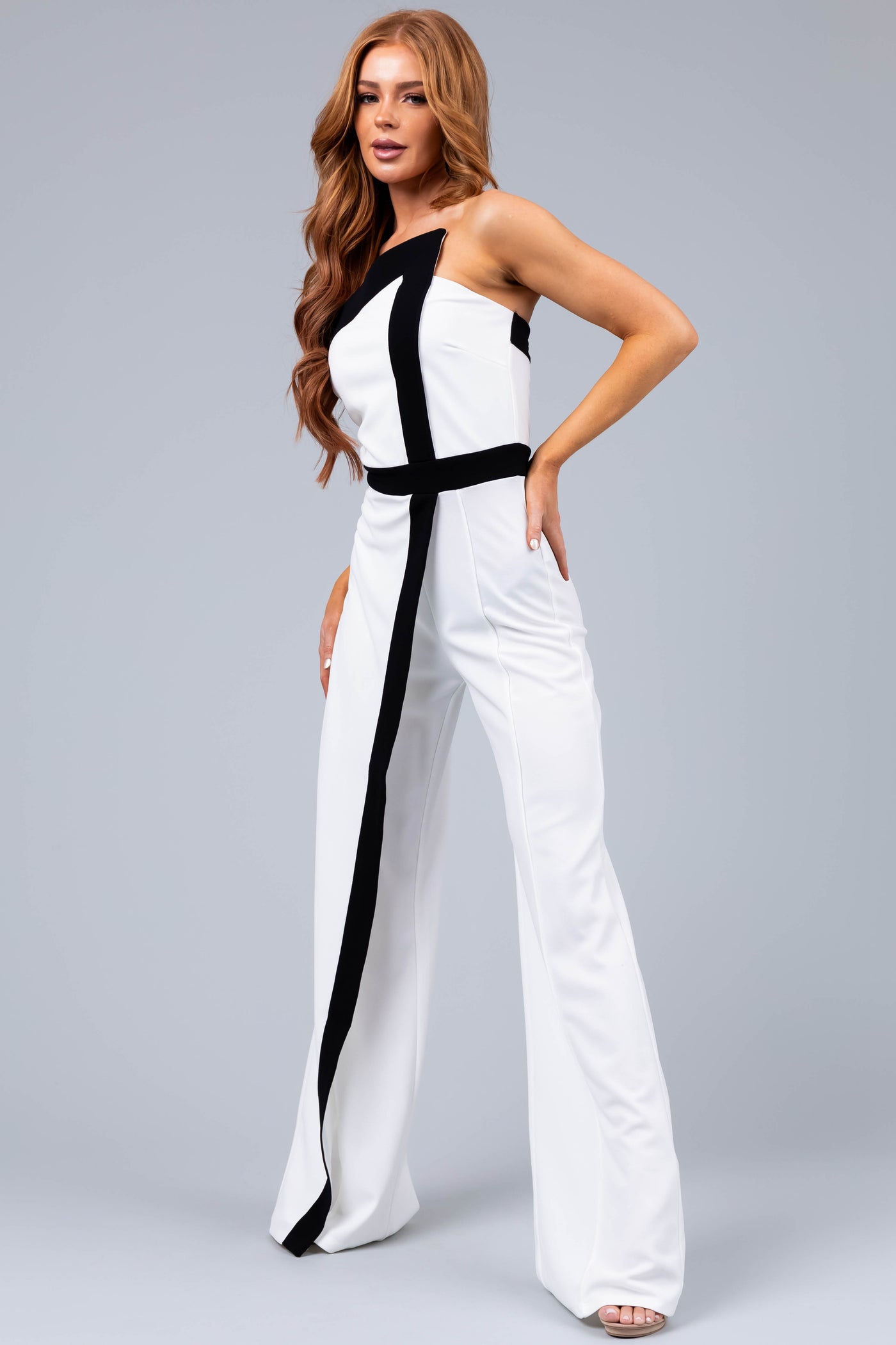 Off White and Black Strapless Jumpsuit
