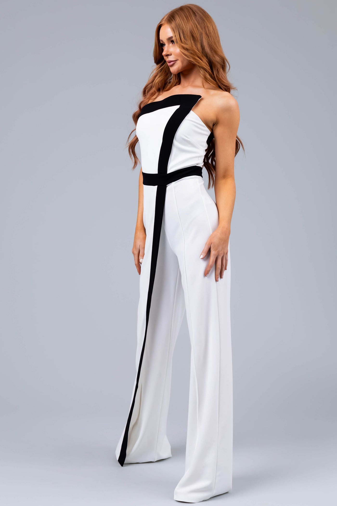 Off White and Black Strapless Jumpsuit